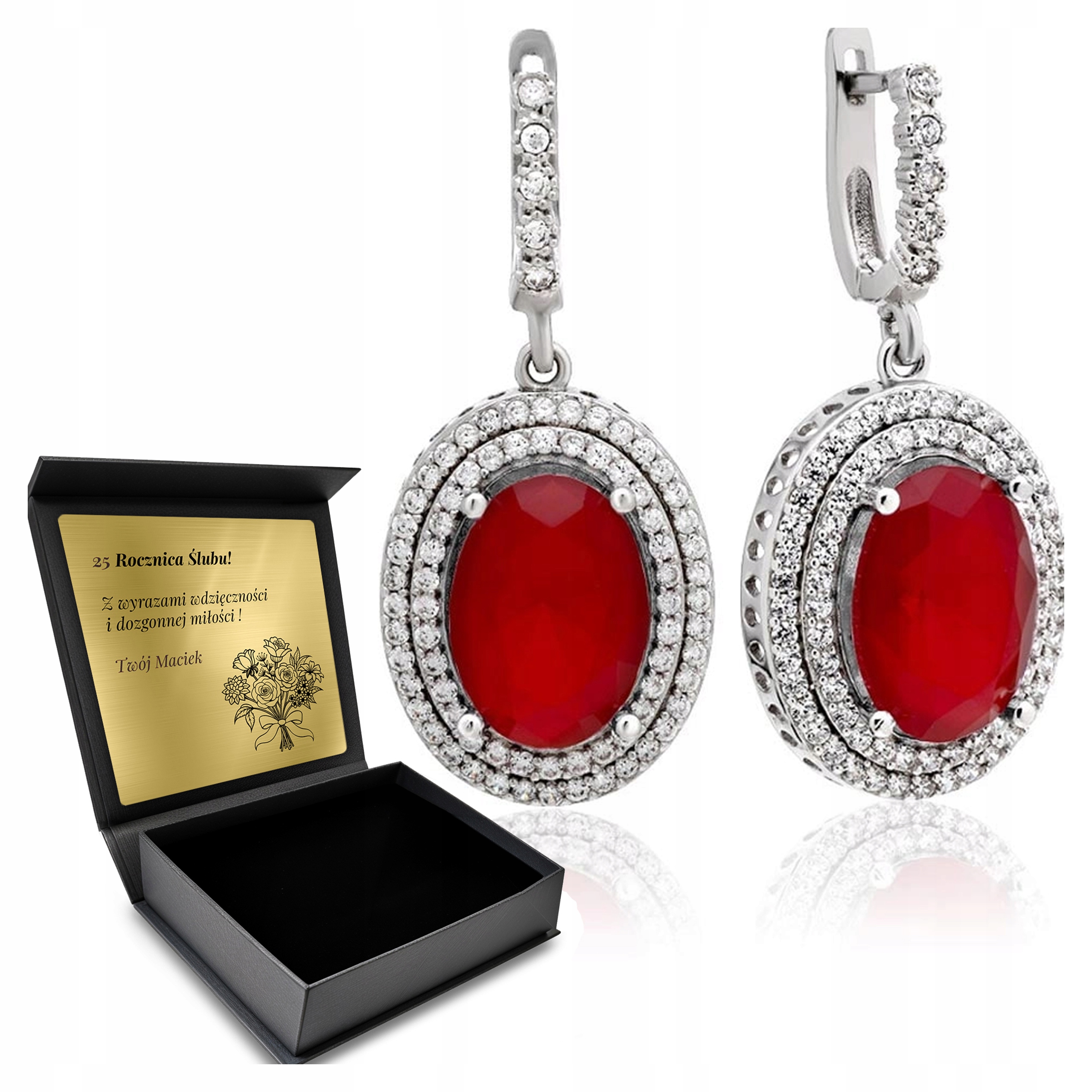 Stříbrné Náušnice 925 Zirkony A Rubín Dárek pro ženu Gravírování Bonus