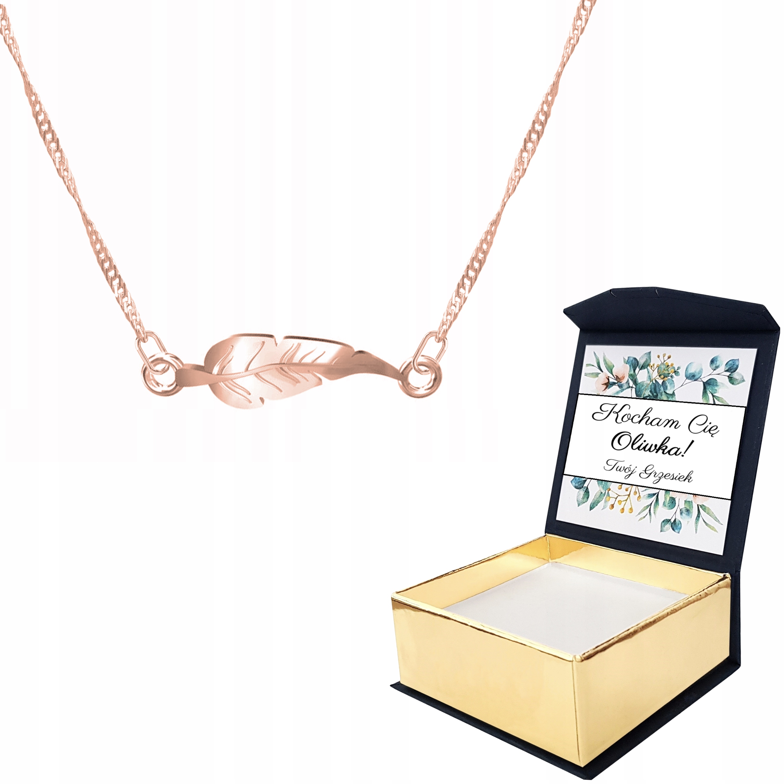 Náhrdelník růžové zlato Pírko Peří Vlastní Potisk