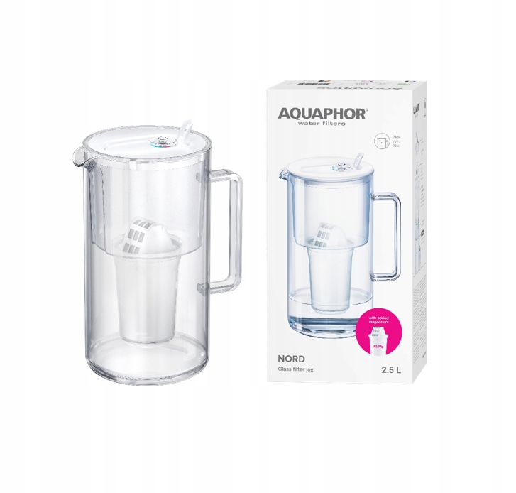 Dzbanek filtrujący szklany Aquaphor Nord 2,5l z wkładem A5 Mg (350l), biały