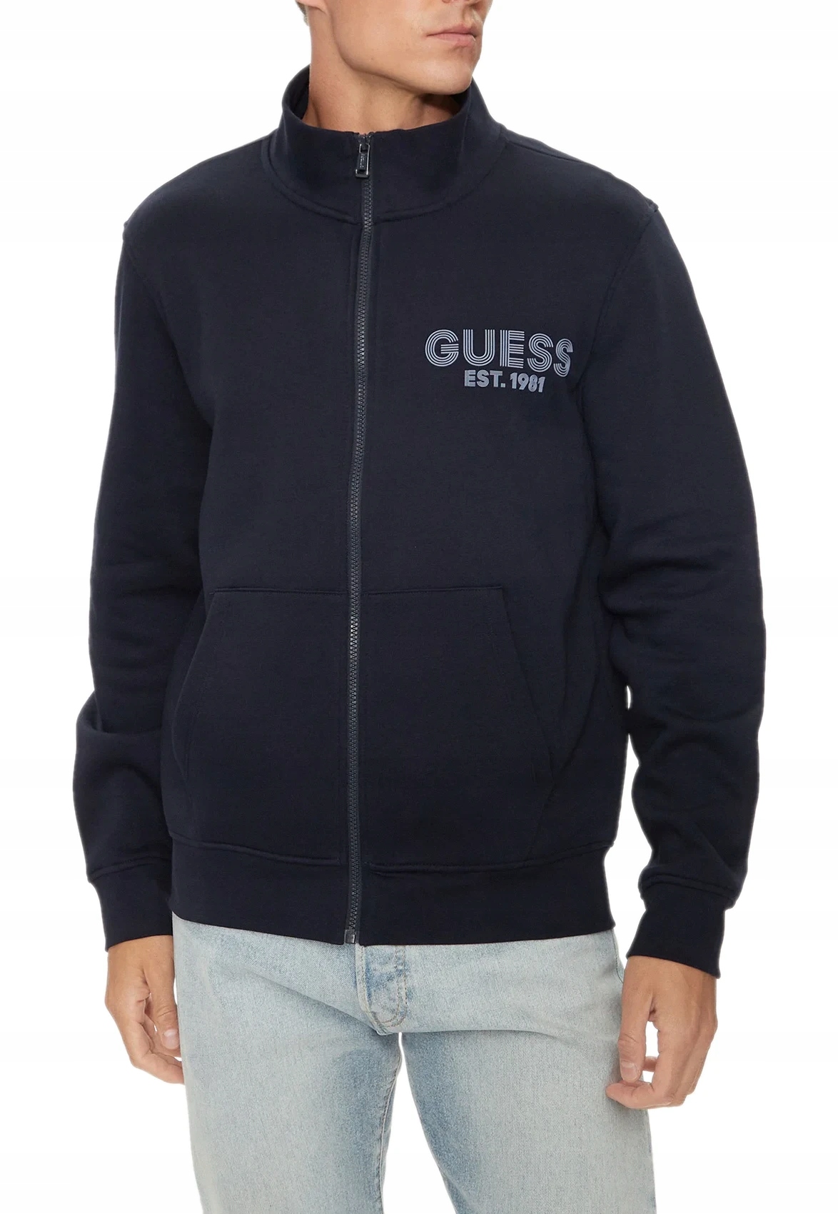 Pánská Tepláková Rozepínací Mikina Tmavě Modrá, Svetr Bavlna Bez Kapuce Guess XL