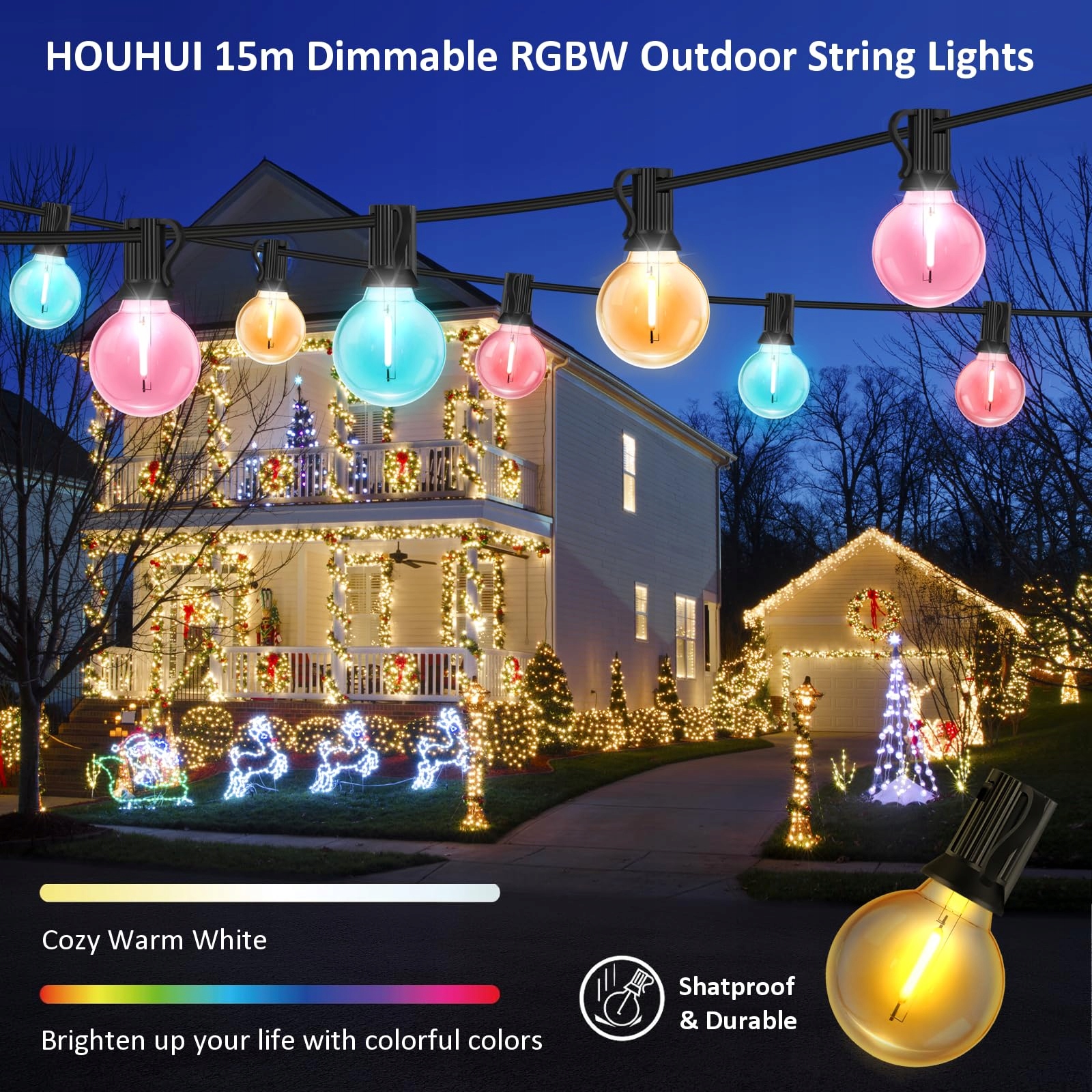 HOUHUI Zmieniające Kolor Światełka Zewnętrzne 15m 8 Trybów LED — miniatura 2