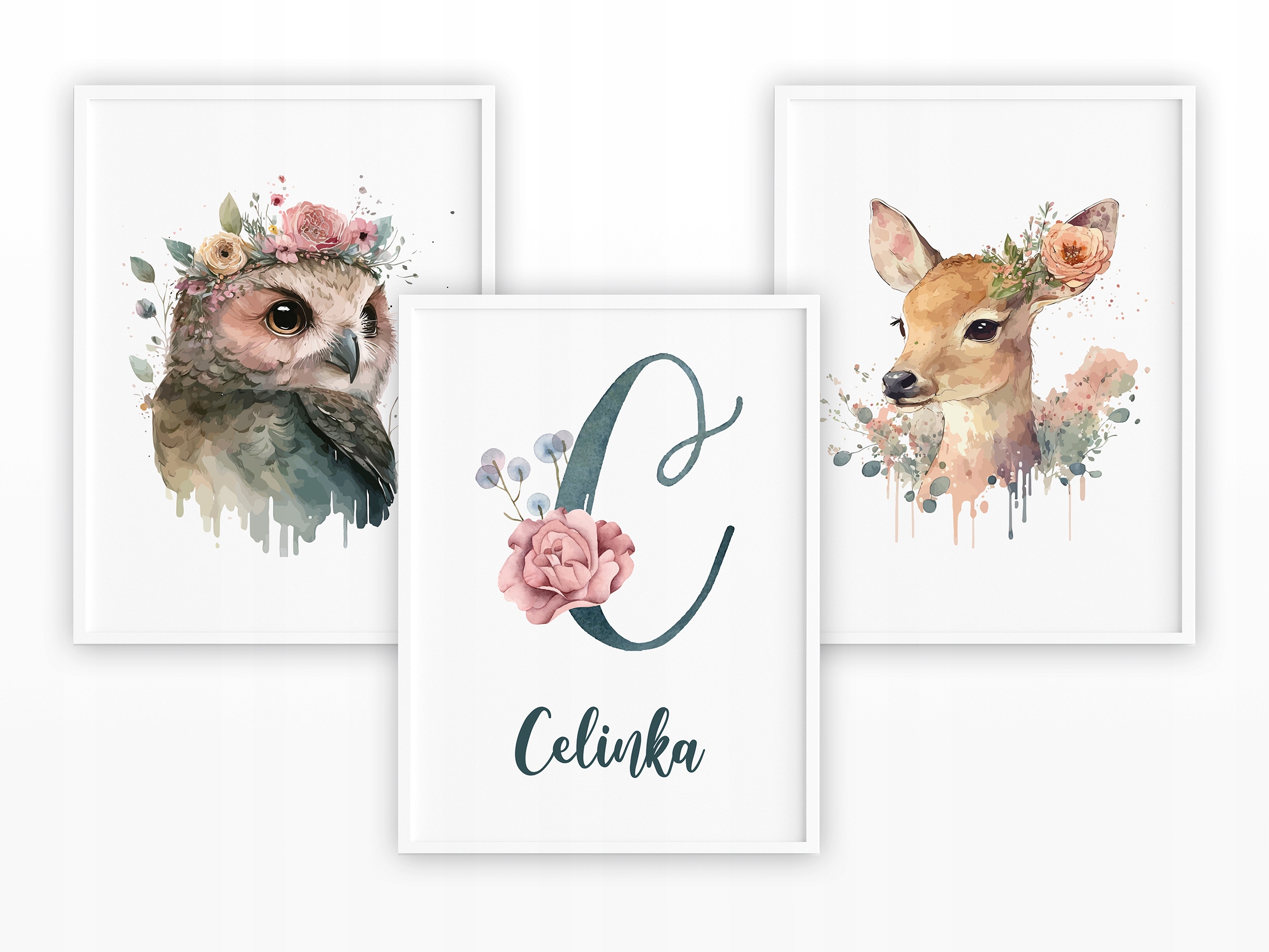 3 Plakaty Zestaw Obrazków A4 dla dziewczynki Zwierzęta Leśne Imię Dziecka
