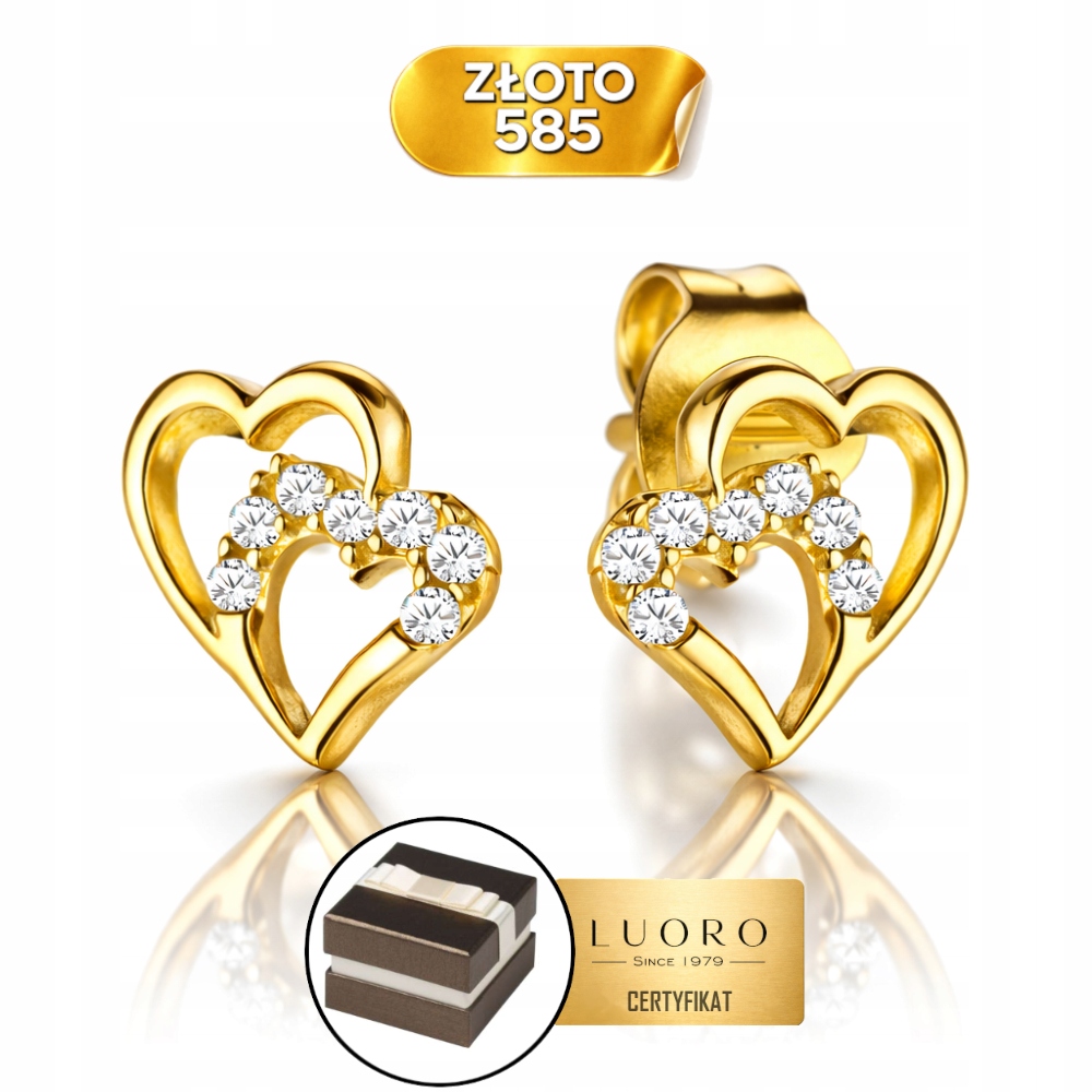 Náušnice Zlaté 585 14K Splétané Srdce Zirkony Tyčinka 7 MM Dárek
