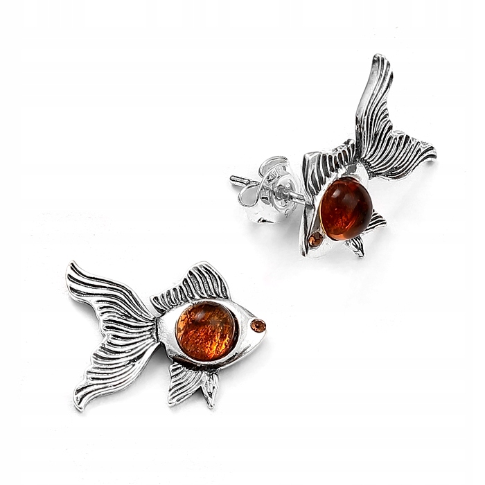 Stříbrné Náušnice Rybička S Jantarem Stříbro