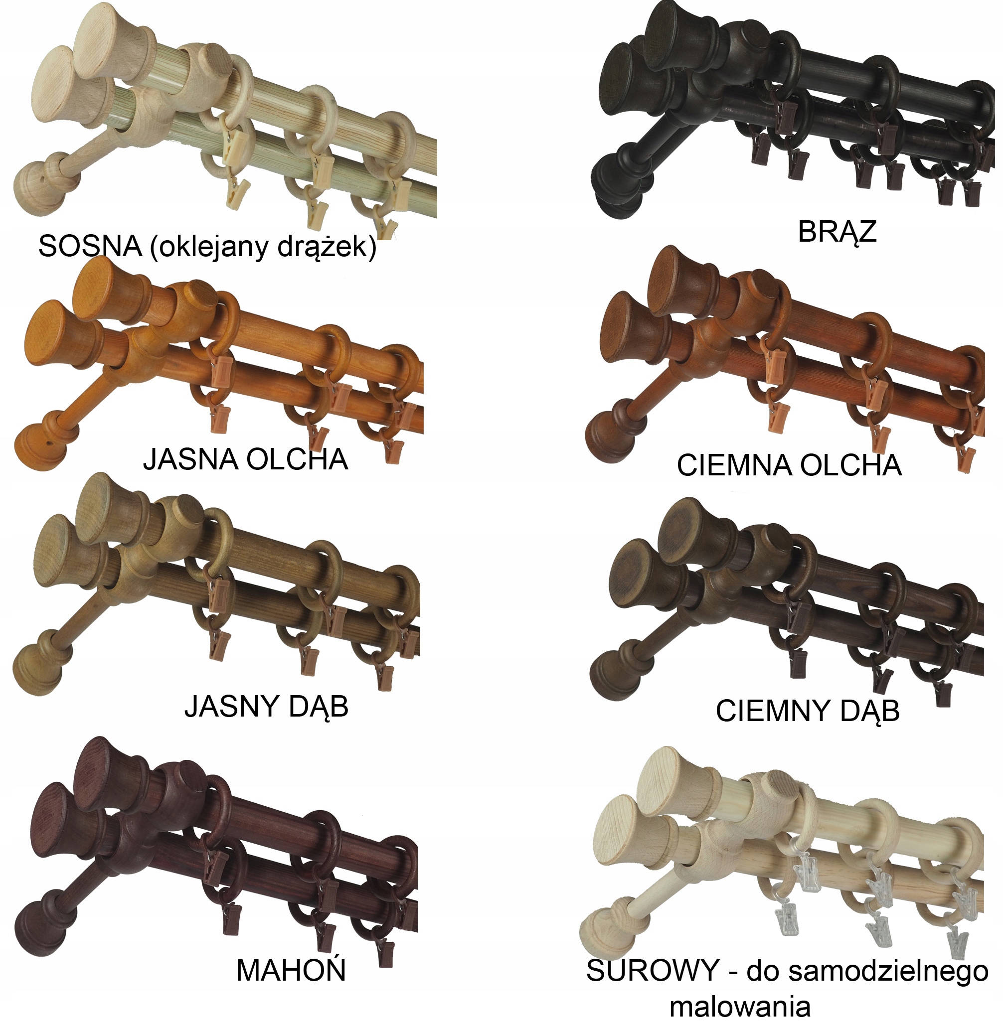 Karnisz drewniany fi 28 podwójny 2,4 m 240 cm WYBÓR kolorów zakończeń Marka FajnyDom