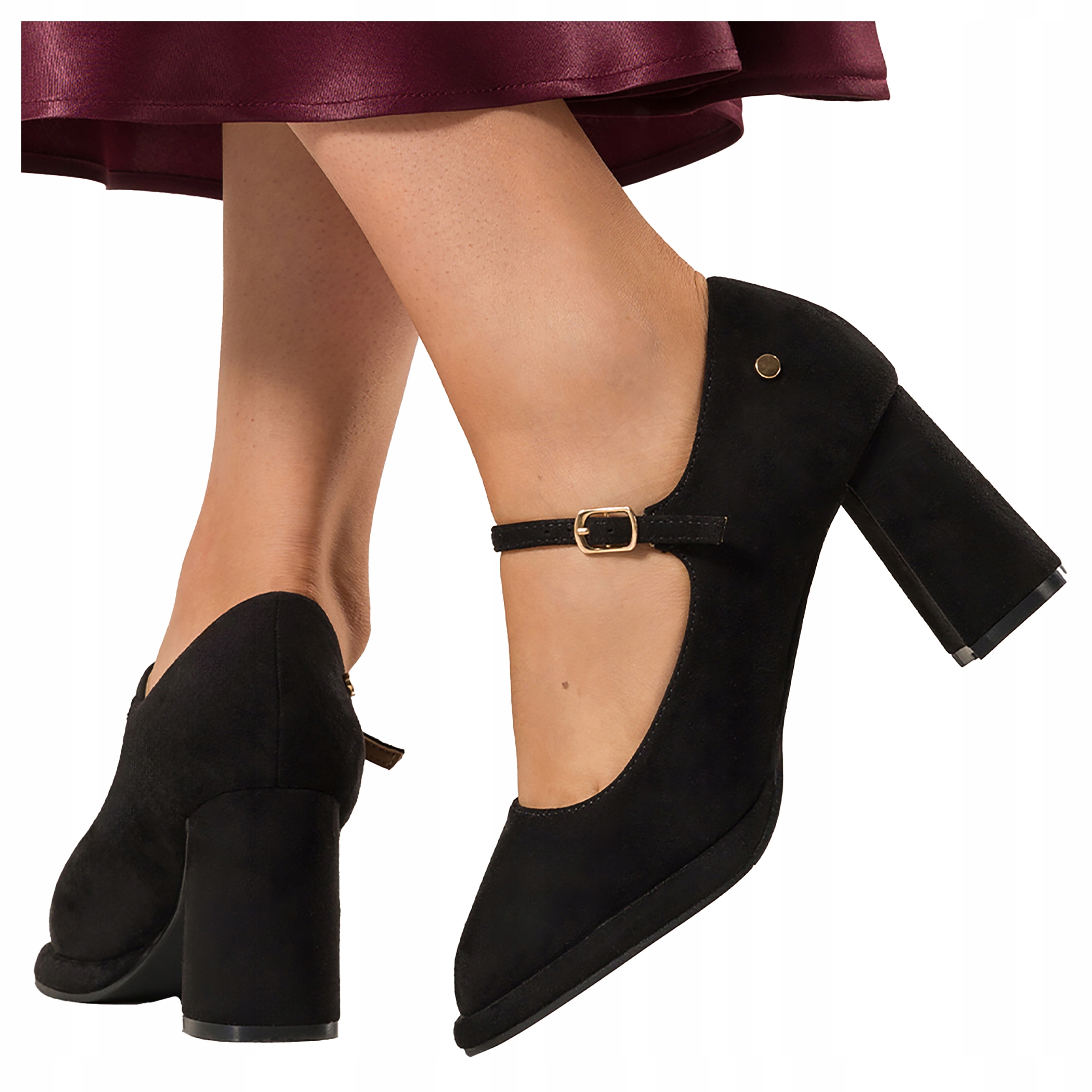 Damskie Czarne Czółenka Pasek Mary Jane Niski Słupek Skórzana Wkładka r 37