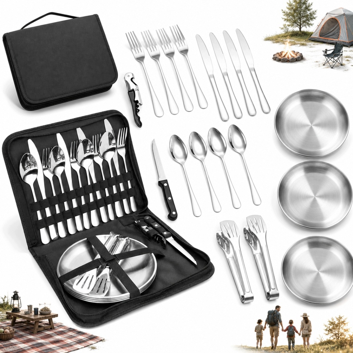 20pcs Zestaw Piknikowy Kempingowy Turystyczny Biwakowy Talerze Sztućce