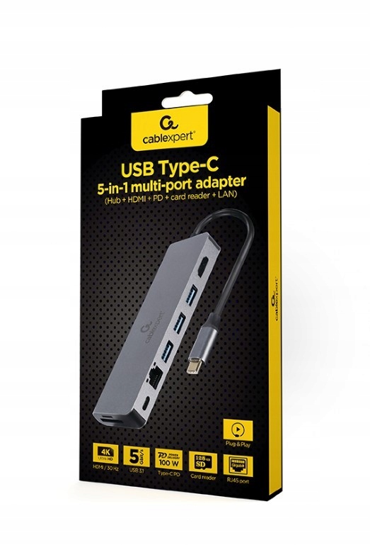 Hub USB-C do HDMI 1xUSB-C RJ45 GbE 2xUSB-A czytnik kart SD PD 100W Model A-CM-COMBO5-05