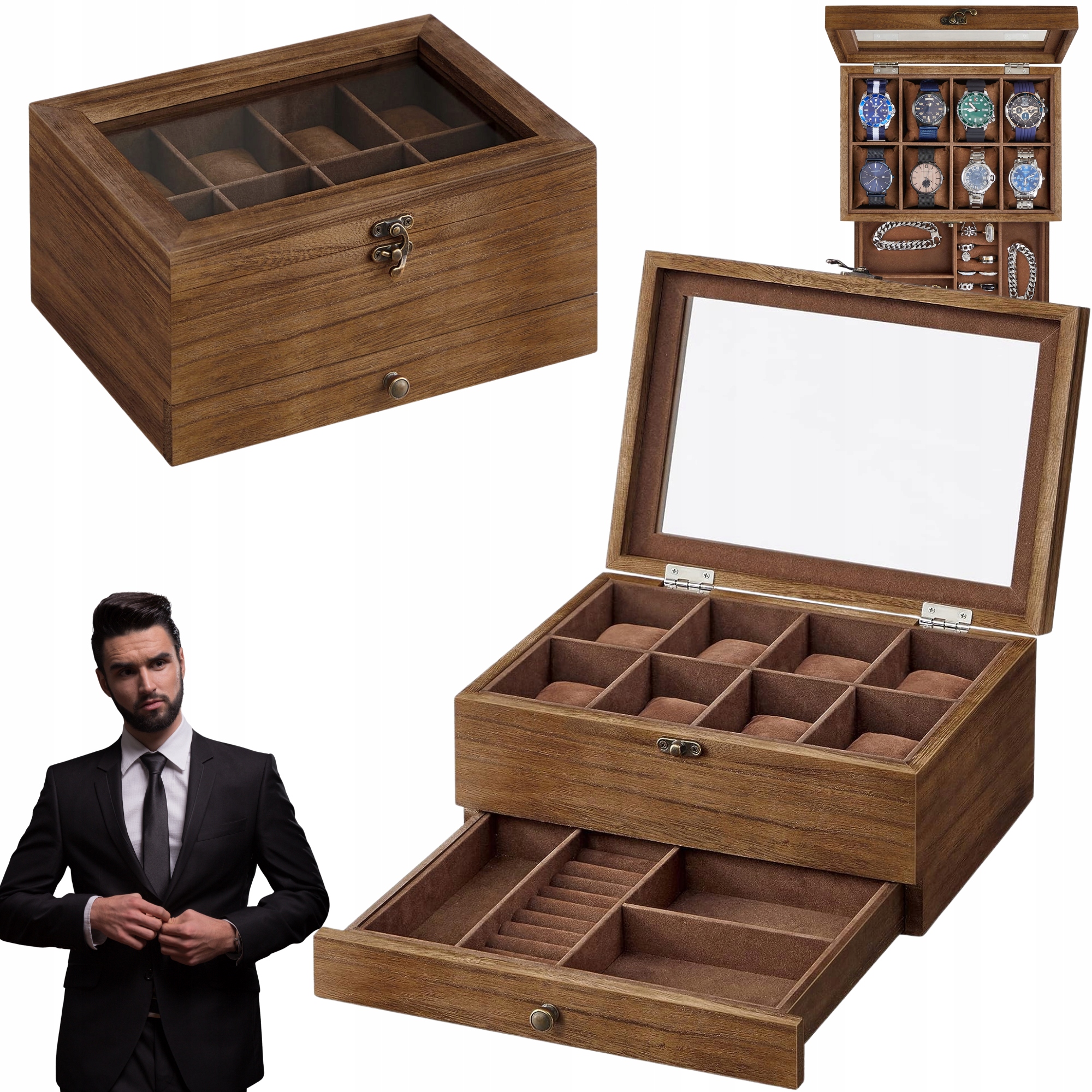 Dřevěná Šperkovnice na hodinky Šperky Kufr Krabička Organizér Na Dárek