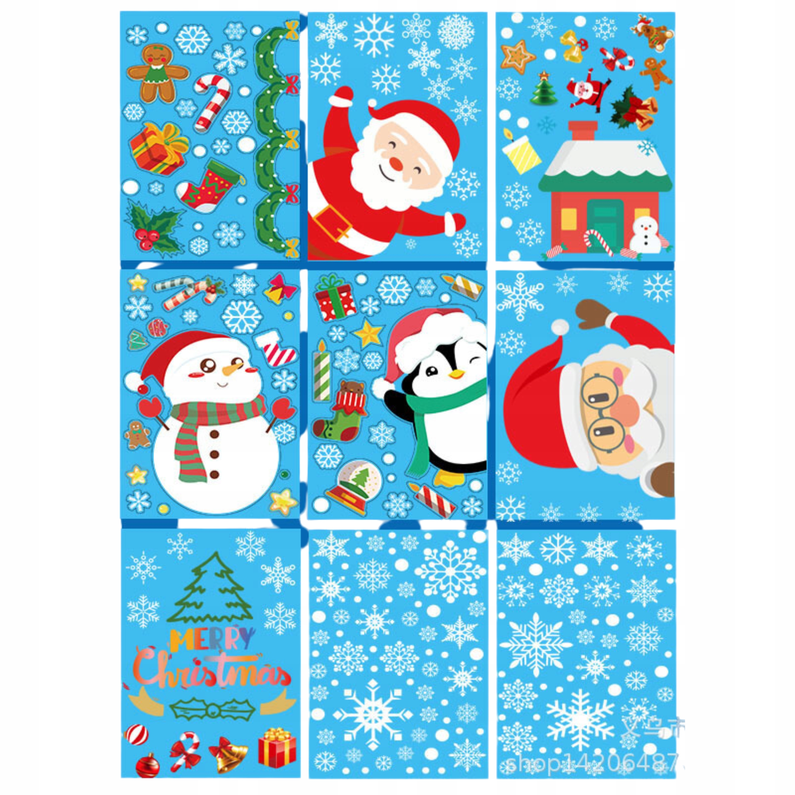 NAKLEJKI ŚWIĄTECZNE BOŻONARODZENIOWE OZDOBY OKNO SZYBĘ 9ARKUSZY ŚNIEŻYNKI