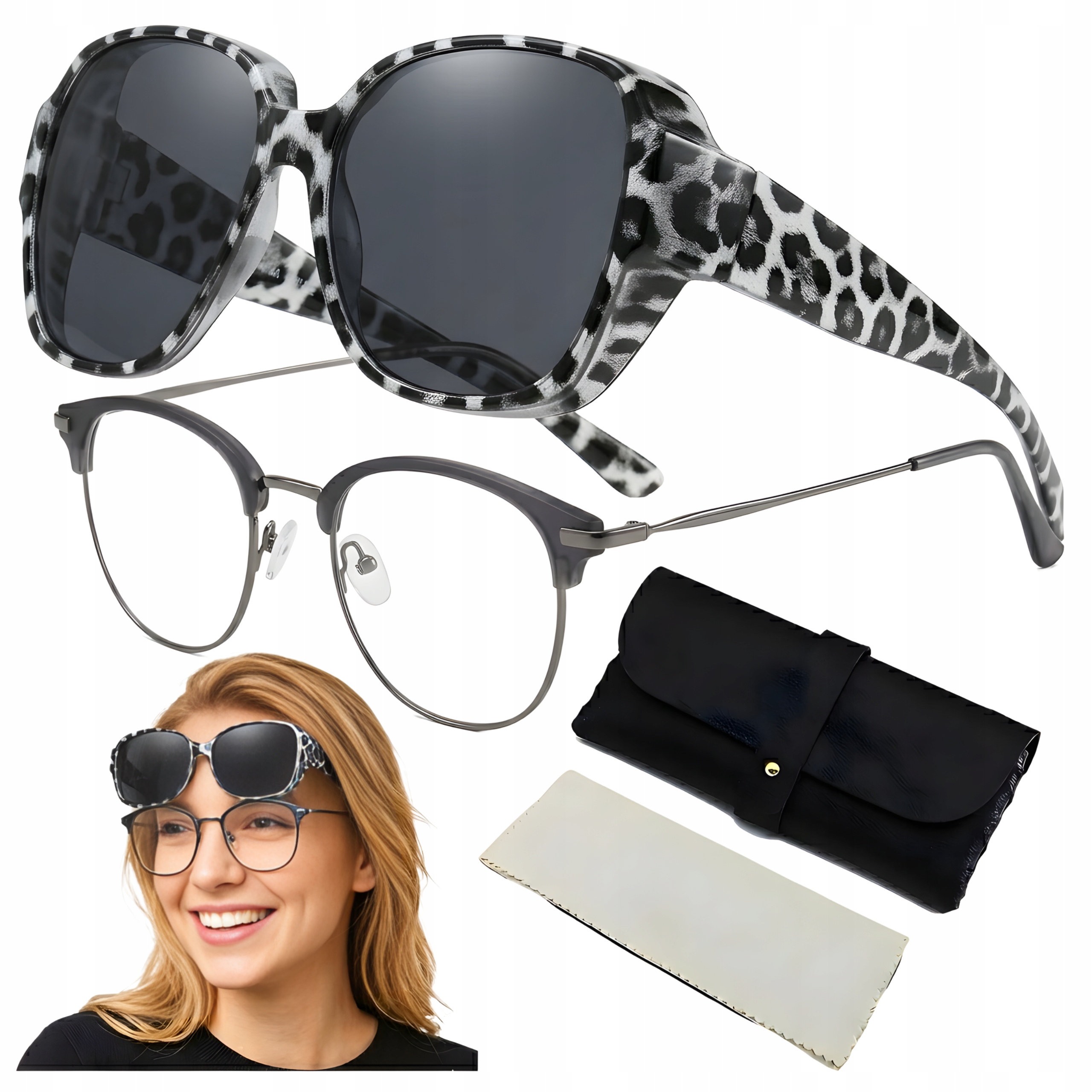 Nakładki Przeciwsłoneczne Korekcyjne Polaryzacja Damskie Do Auta UV400 Etui