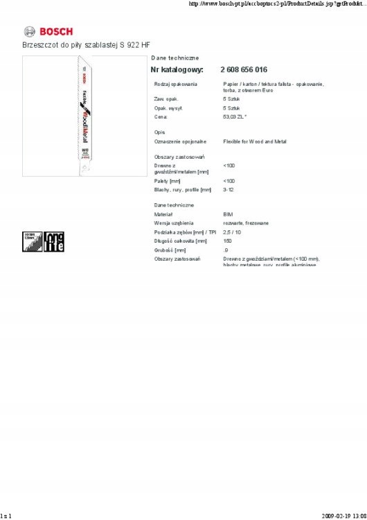 BRZESZCZOT DO PIŁY SZABLASTEJ S922HF 5SZT. Marka Bosch