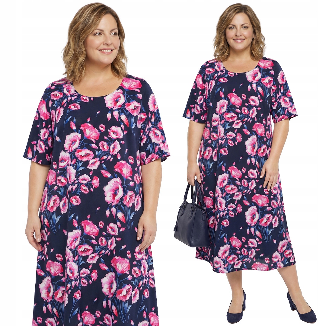 Tmavě modrá šaty s růžovými květy a velikostí velikost 54