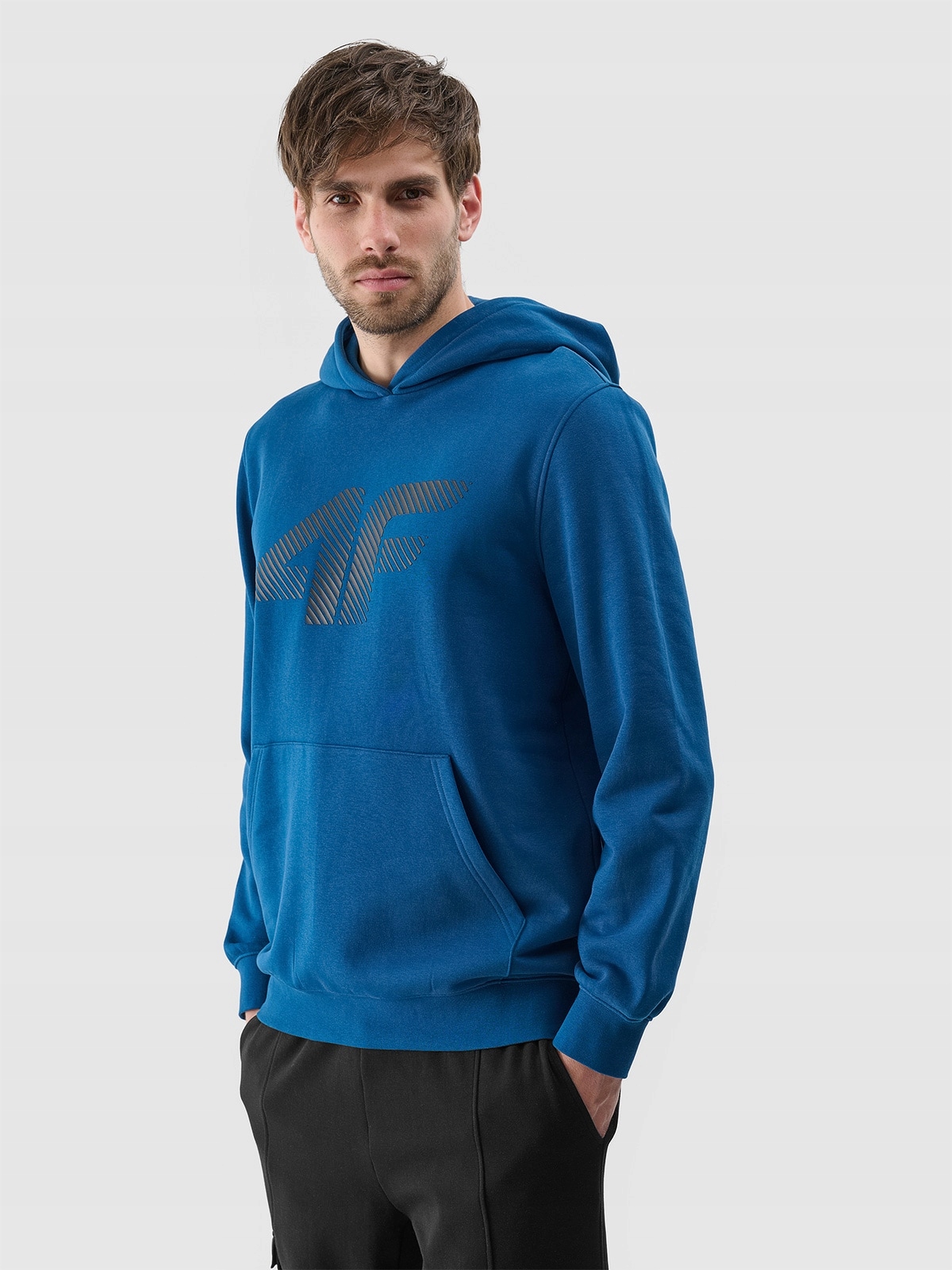 4F Tepláková mikina nerozepínací s kapucí pánská tyrkysová