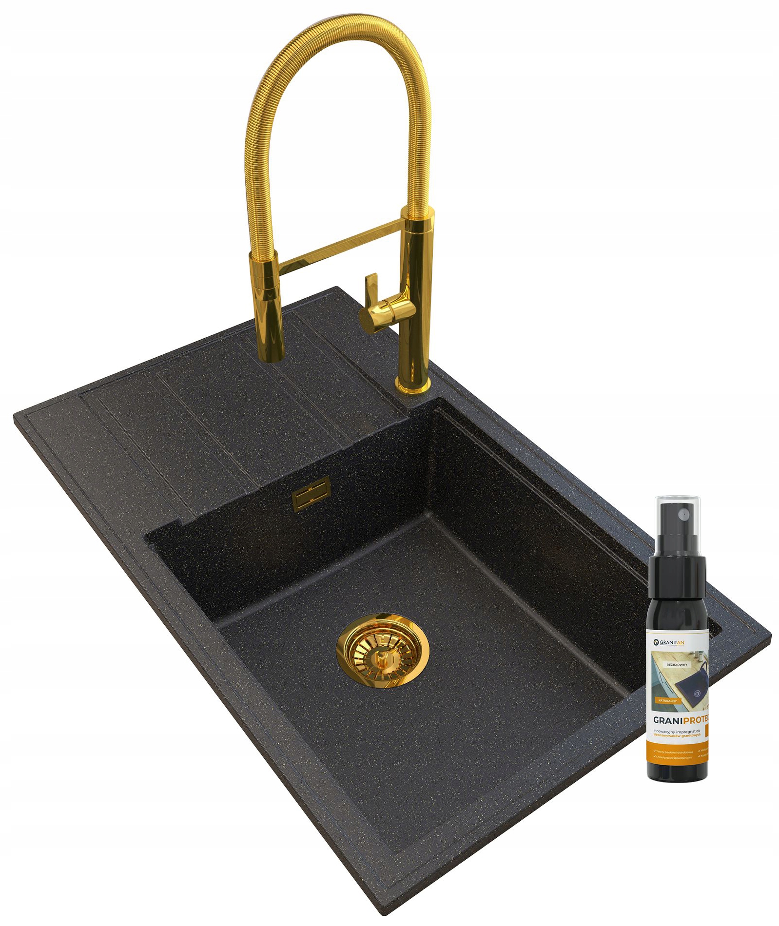 Granitový Drez Zlatý Sifón Vysoká Batéria Louis