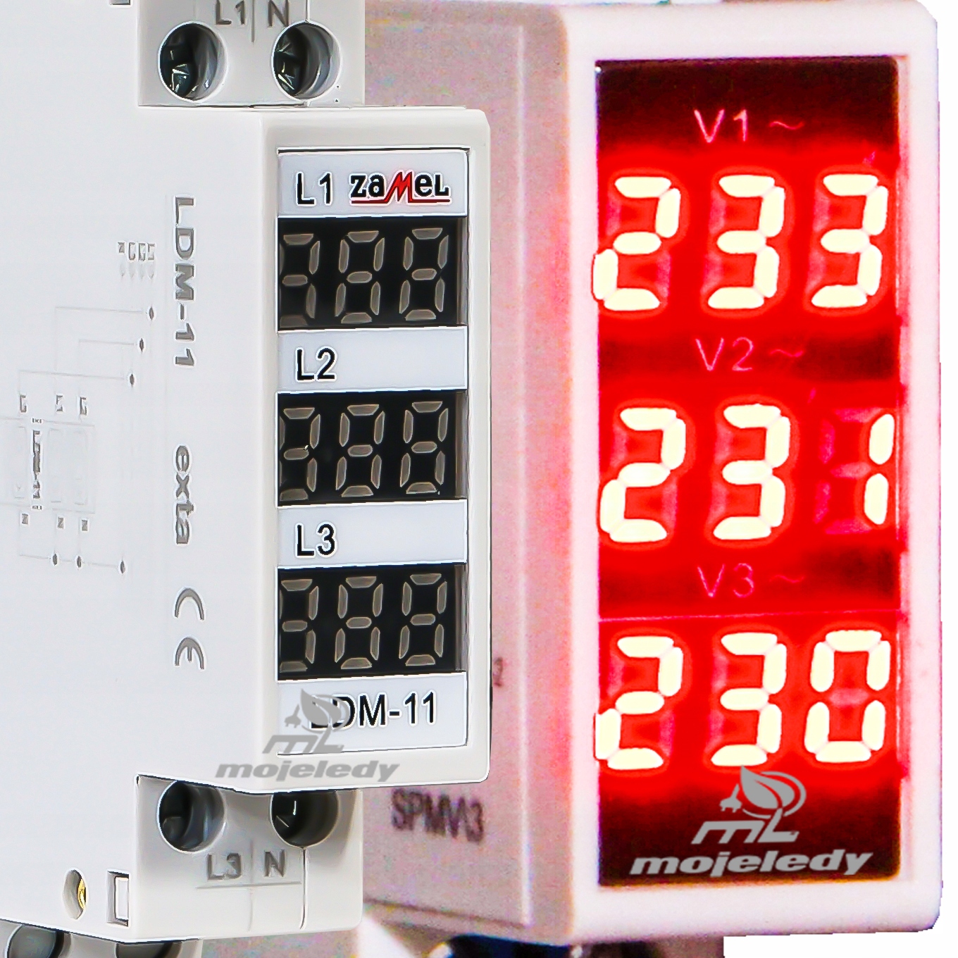 Modulární měřič napětí 3F voltmetr 80-500V Ac na Th lištu