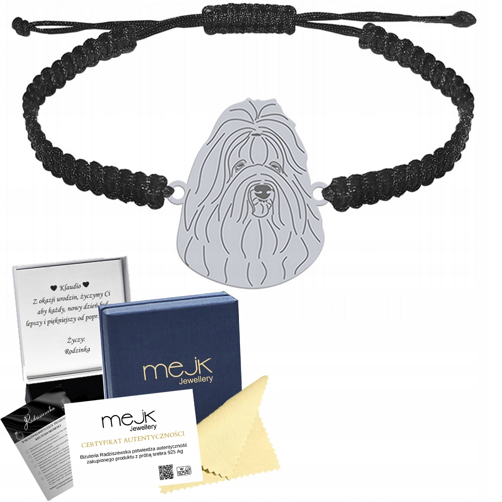 Stříbrný náramek Coton de Tulear 925 Makramé Dedikace Gravírování Bonus