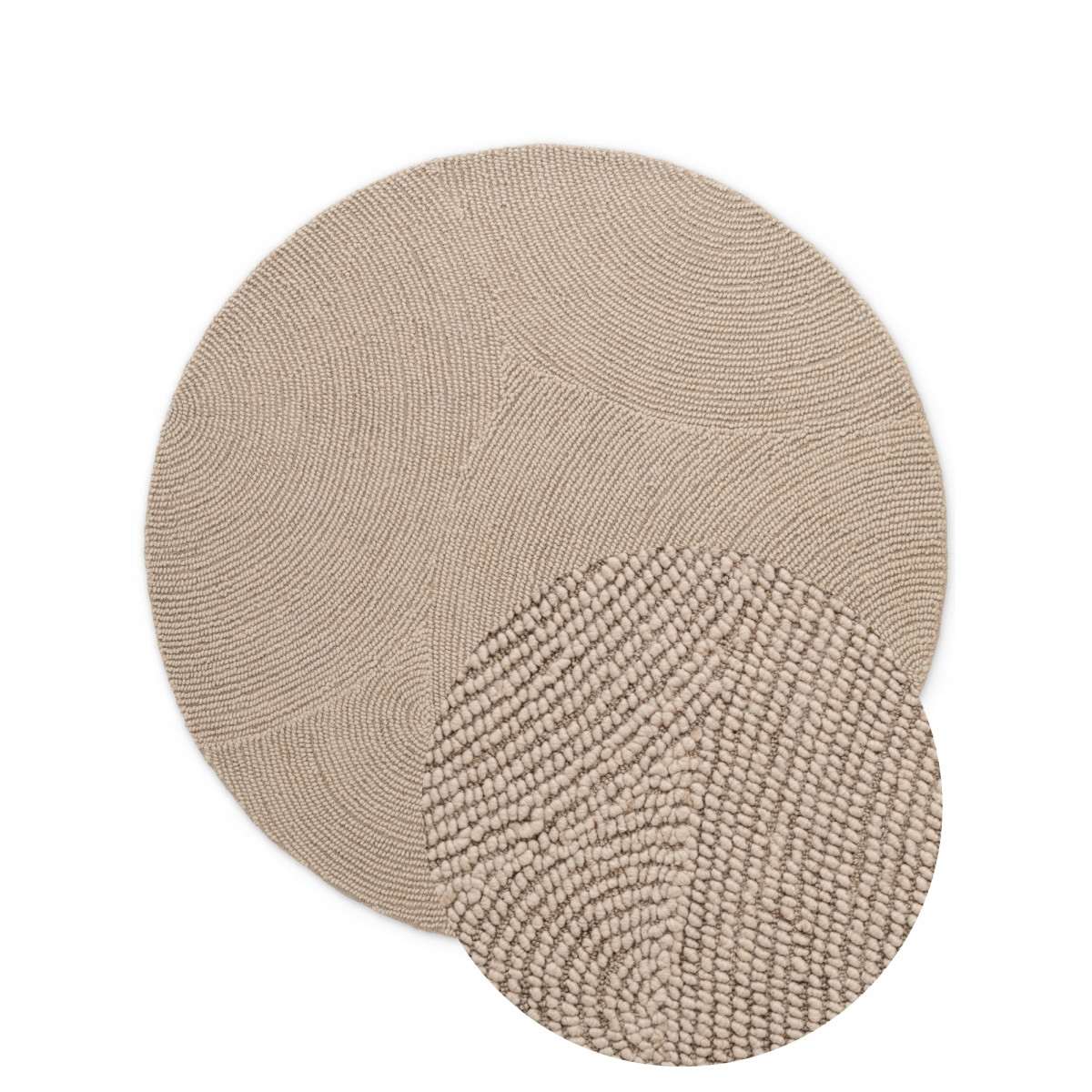 Koberec kulatý vlněný do obývacího pokoje 120 cm, béžový vzor s půlkruhy, 3D efekt