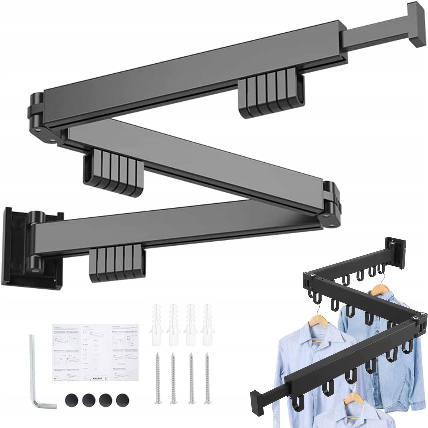Levně Věšák Tyč Na Oblečení Skládací Držák Pro Montáž Na Stěnu, Tři Části