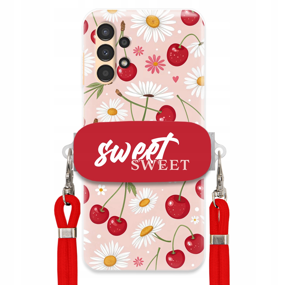 Puzdro pre Samsung A13 5G Červené vodítko Crossbody držiak Sweet Kvet čerešne