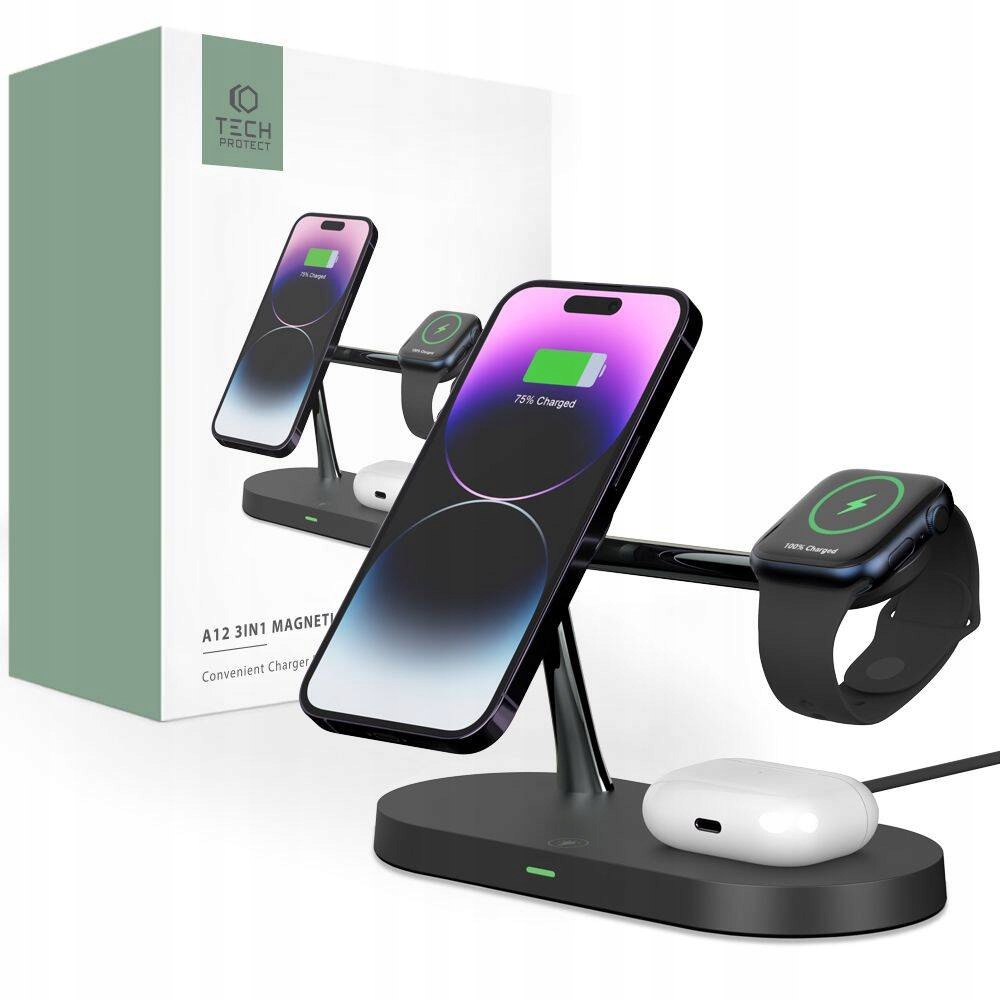Tech-protect A12 3IN1 Magnetic Magsafe Wireless Charger Černý