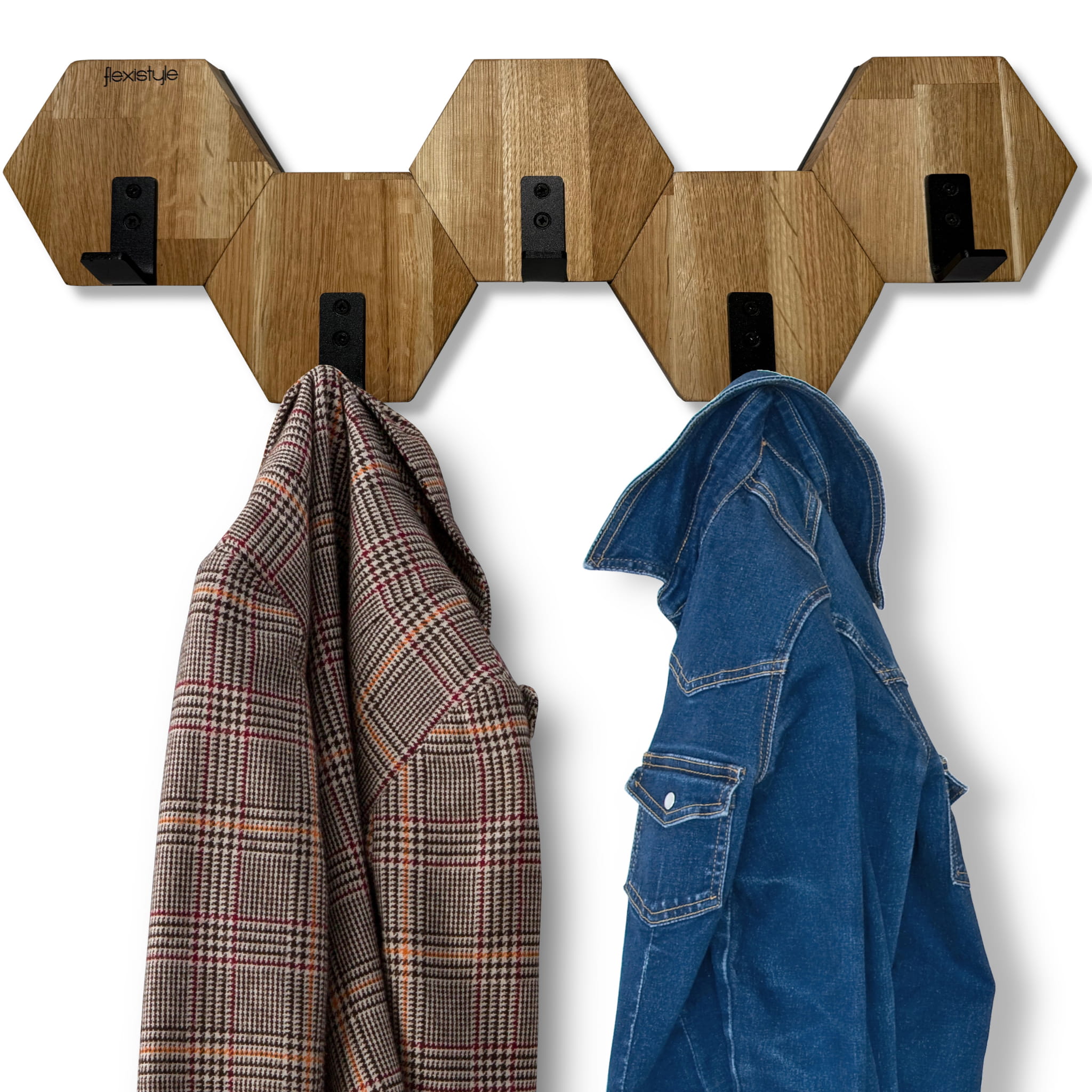 Nástěnný věšák do předsíně na oblečení na zeď dřevěný Hexagon 56 cm