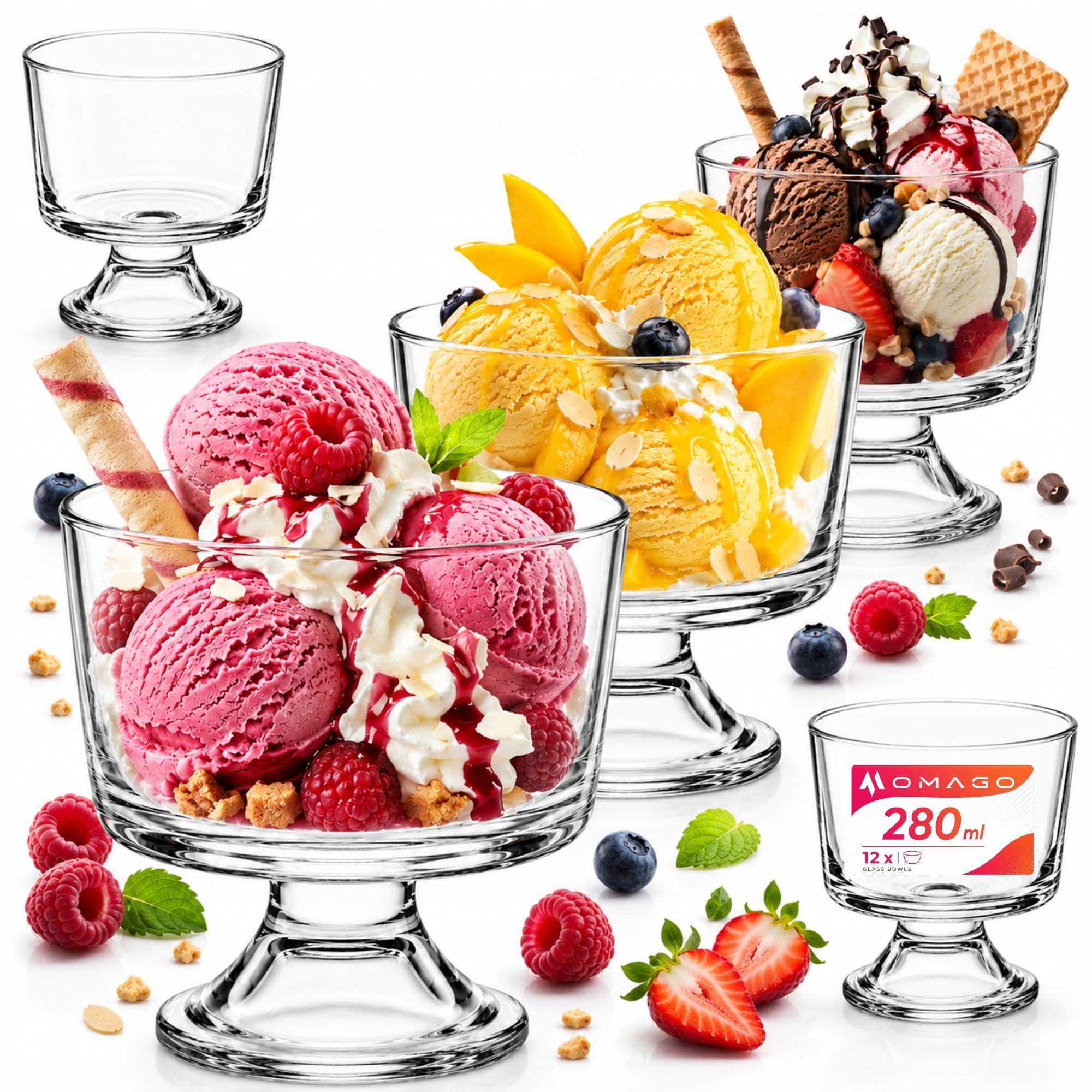 12 x Pohárky Na Dezerty 280 ml Skleněné Pohár Na Zmrzlinu Komplet