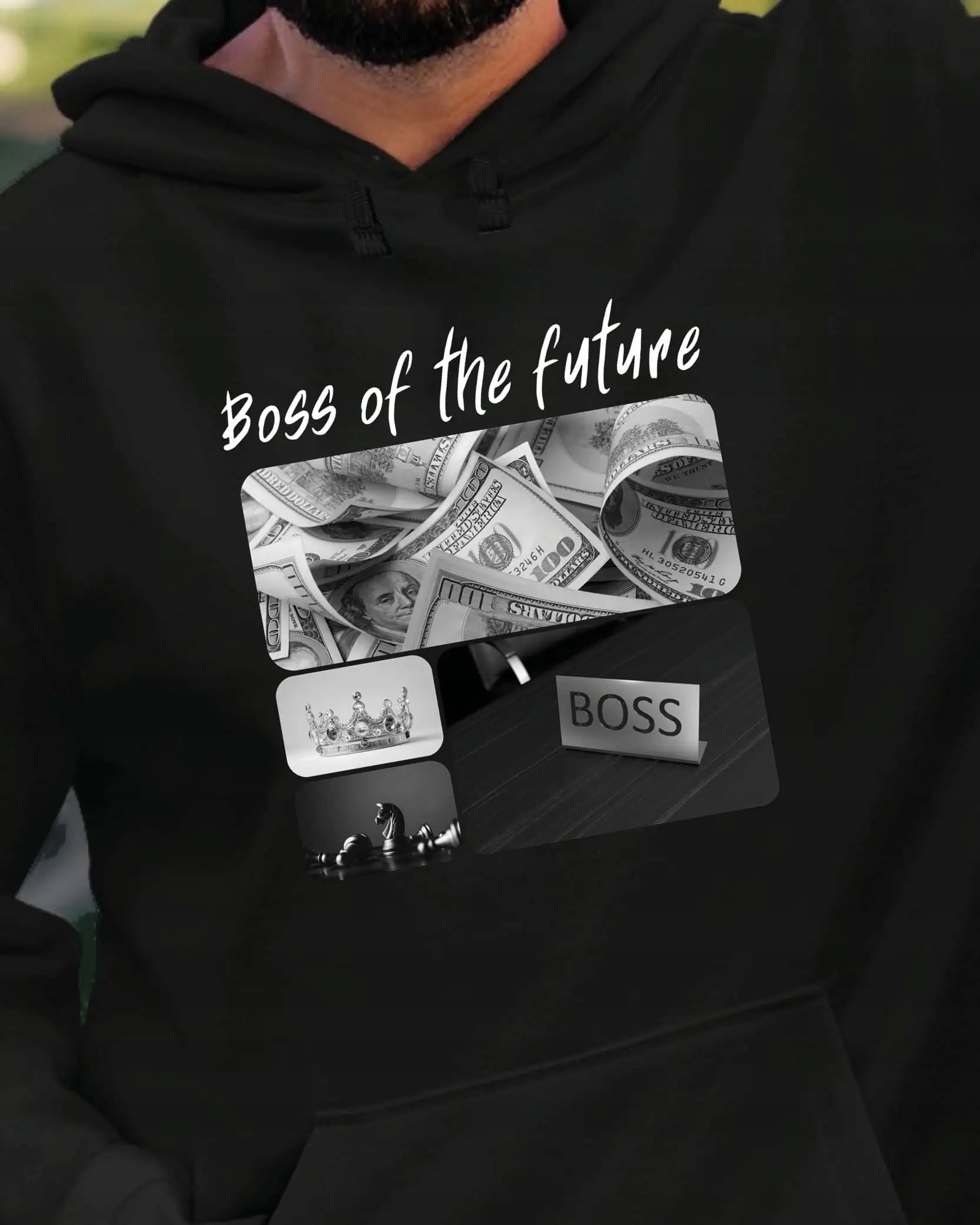 Mikina s kapucí Dárek pro šéfa Umělecká koláž Černá L