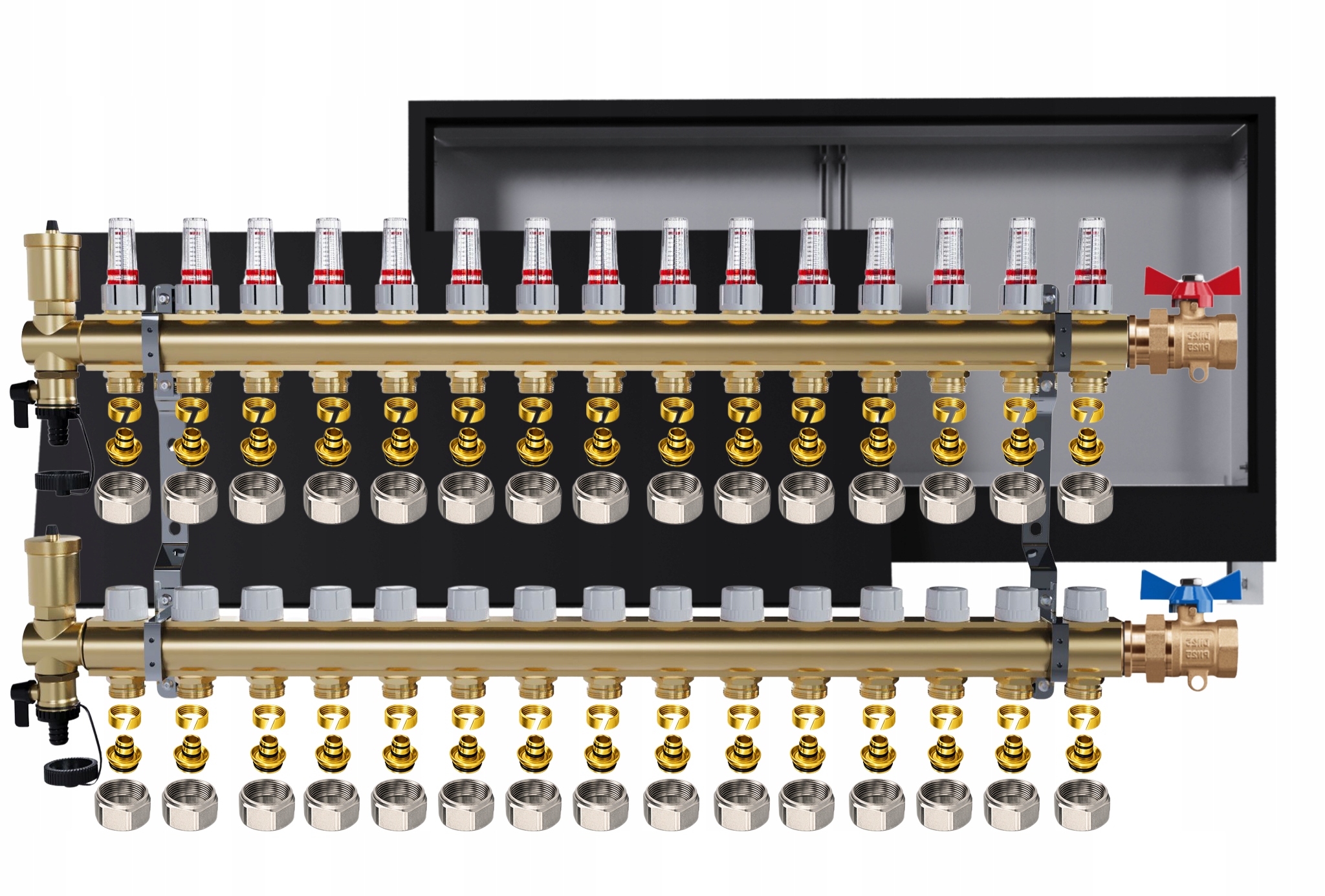 Rozdělovač podlahový mosazný 15 okruhů Podomítkový černý Ventily Pex