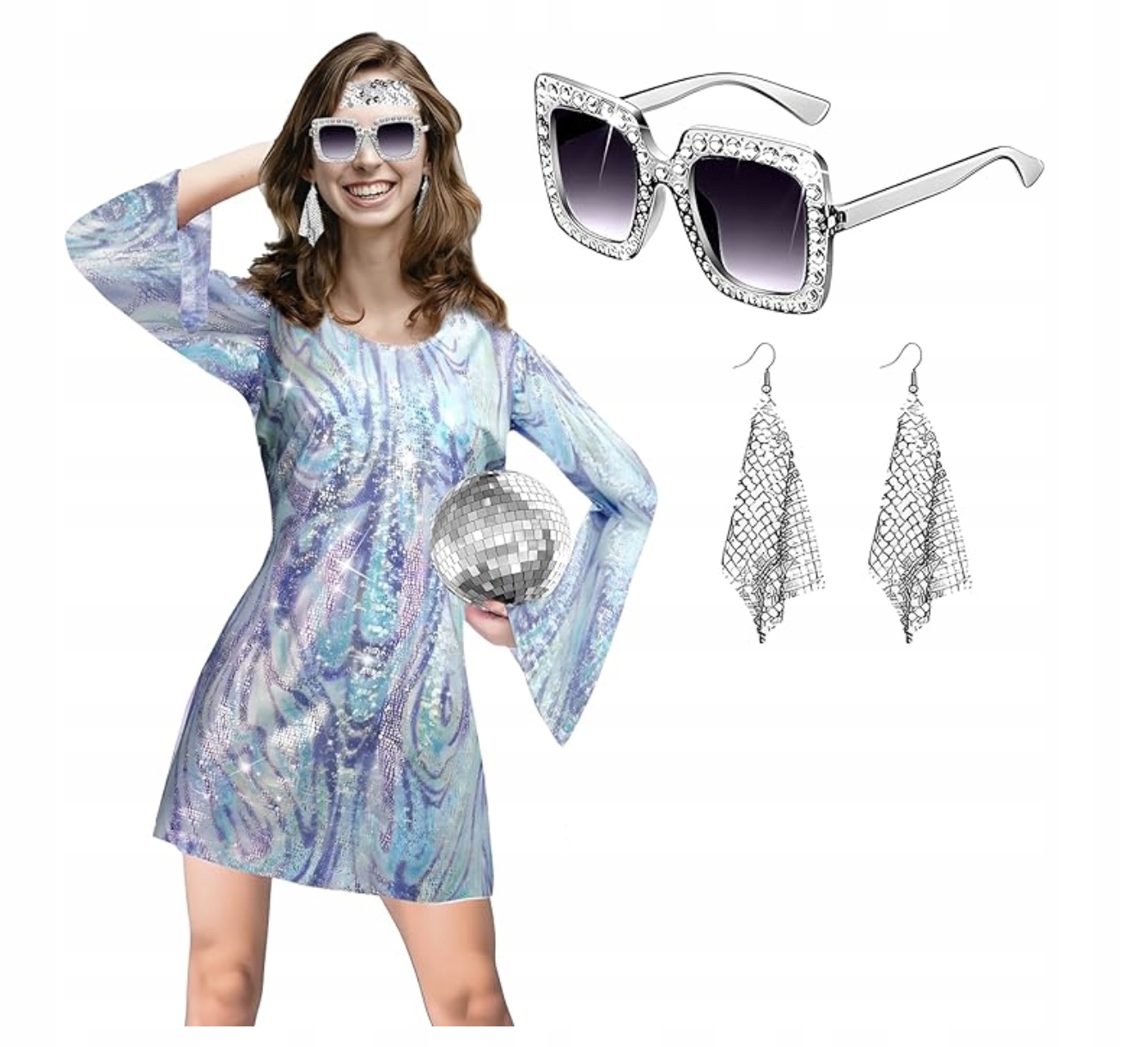 Šaty 70s Hippie Disco Retro Velikost L Akcesoria Brýle Náušnice