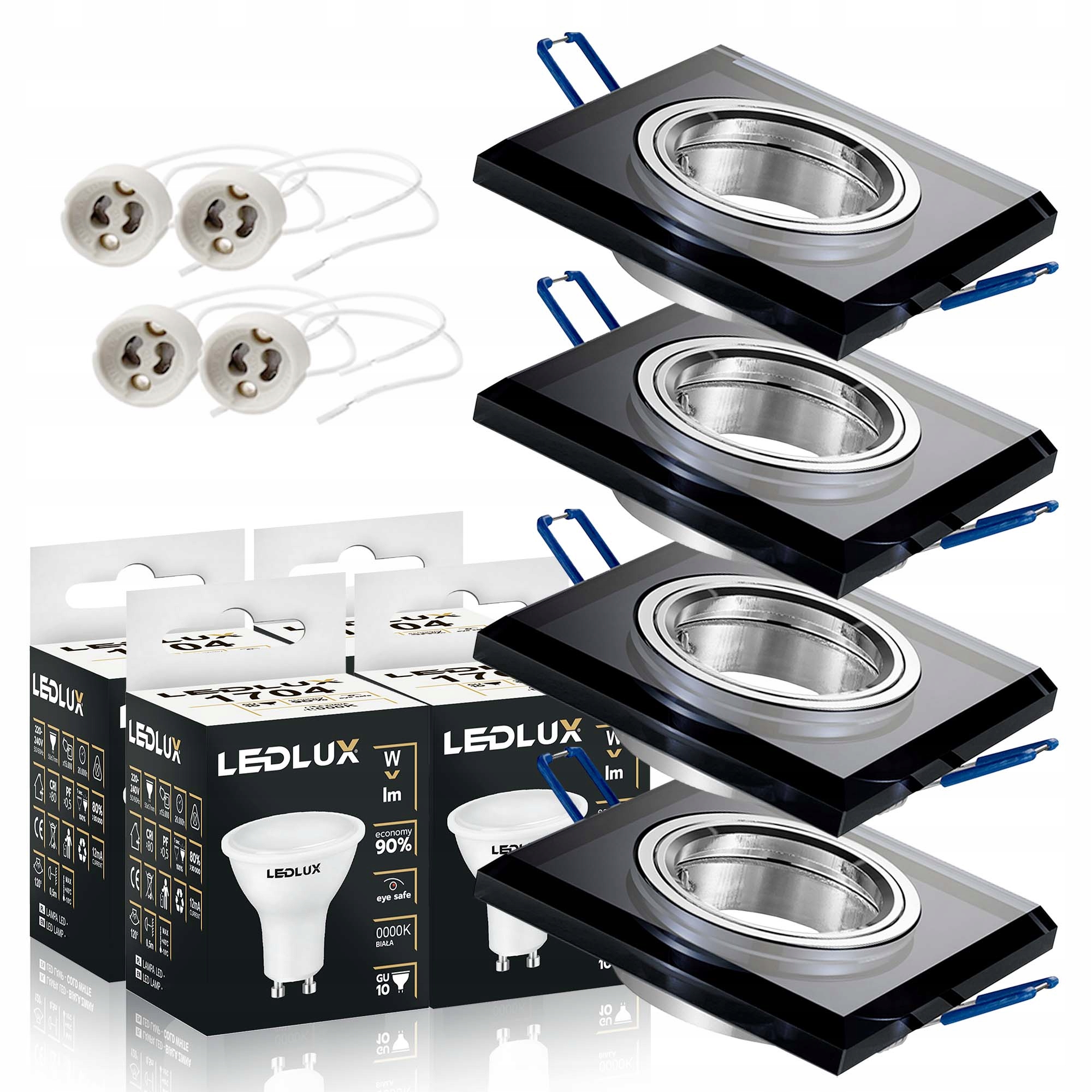 4x Halogenové svítidlo Skleněné Čtvercové Žárovka GU10 Led 12W 3 Barvy