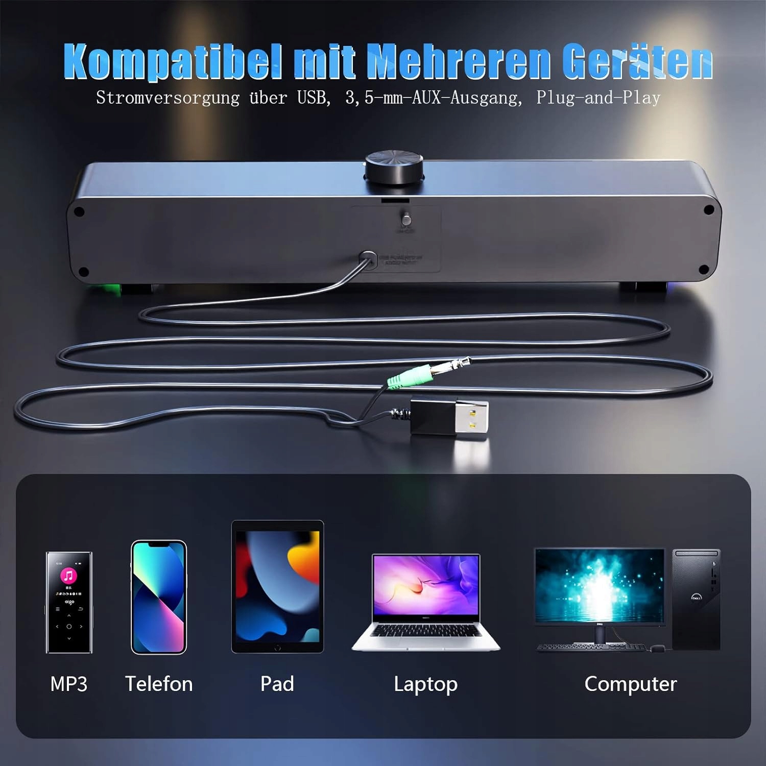 GŁOŚNIK KOMPUTEROWY USB AUX SOUNDBAR RGB HPYLIF -H Kolor czarny