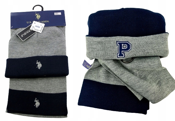 Pánská zimní sada oboustranná Čepice a šála Us Polo Assn. 55-60 cm s výšivkou