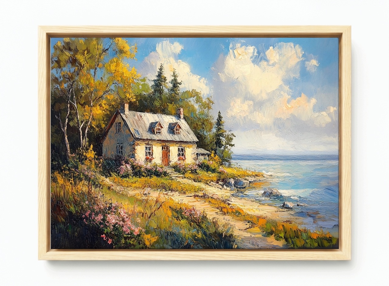 Obraz Rám Americká Krajina Dům Moře Pobřeží Pláž Květiny Hygge 60x40