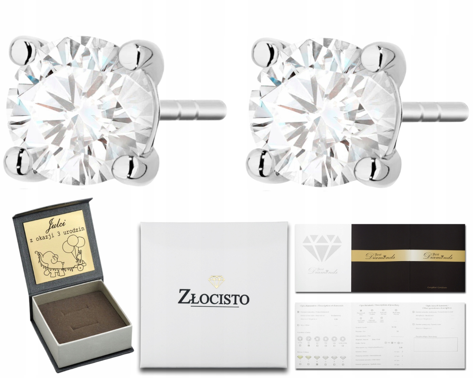 Náušnice z bílého zlata s velkými diamanty, 2,00 ct, 2,00 ct, Dárek Gravírování