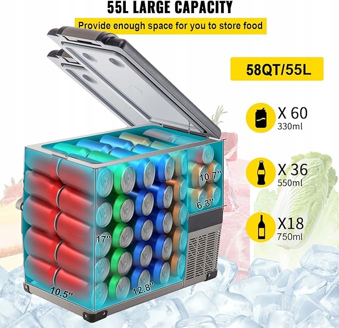 LODÓWKA SAMOCHODOWA TURYSTYCZNA KEMPINGOWA VEVOR 55L 220V 60W Pojemność 55 l