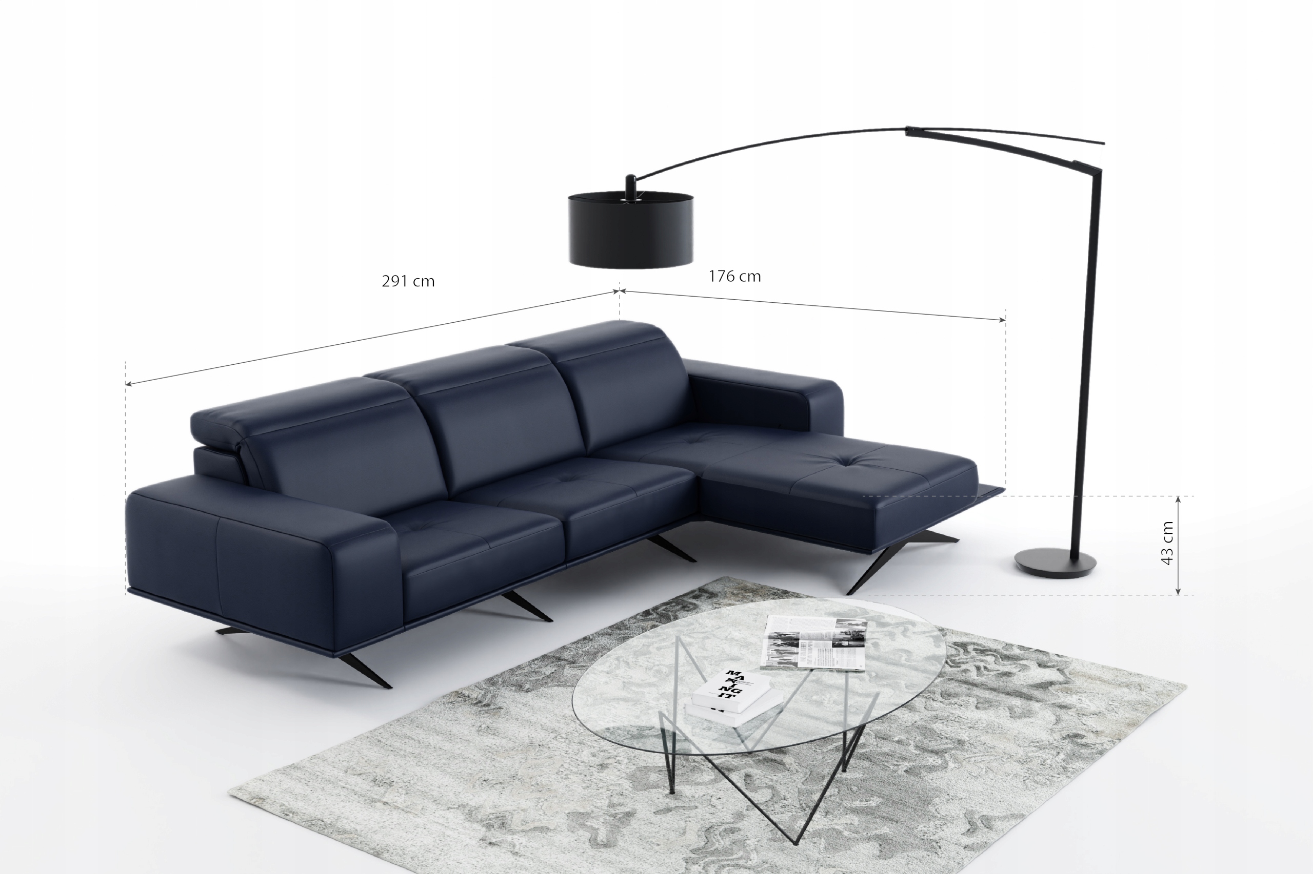 Kanapa z leżanką wysokie nóżki Regulowane zagłówki Materiał obicia skóra naturalna