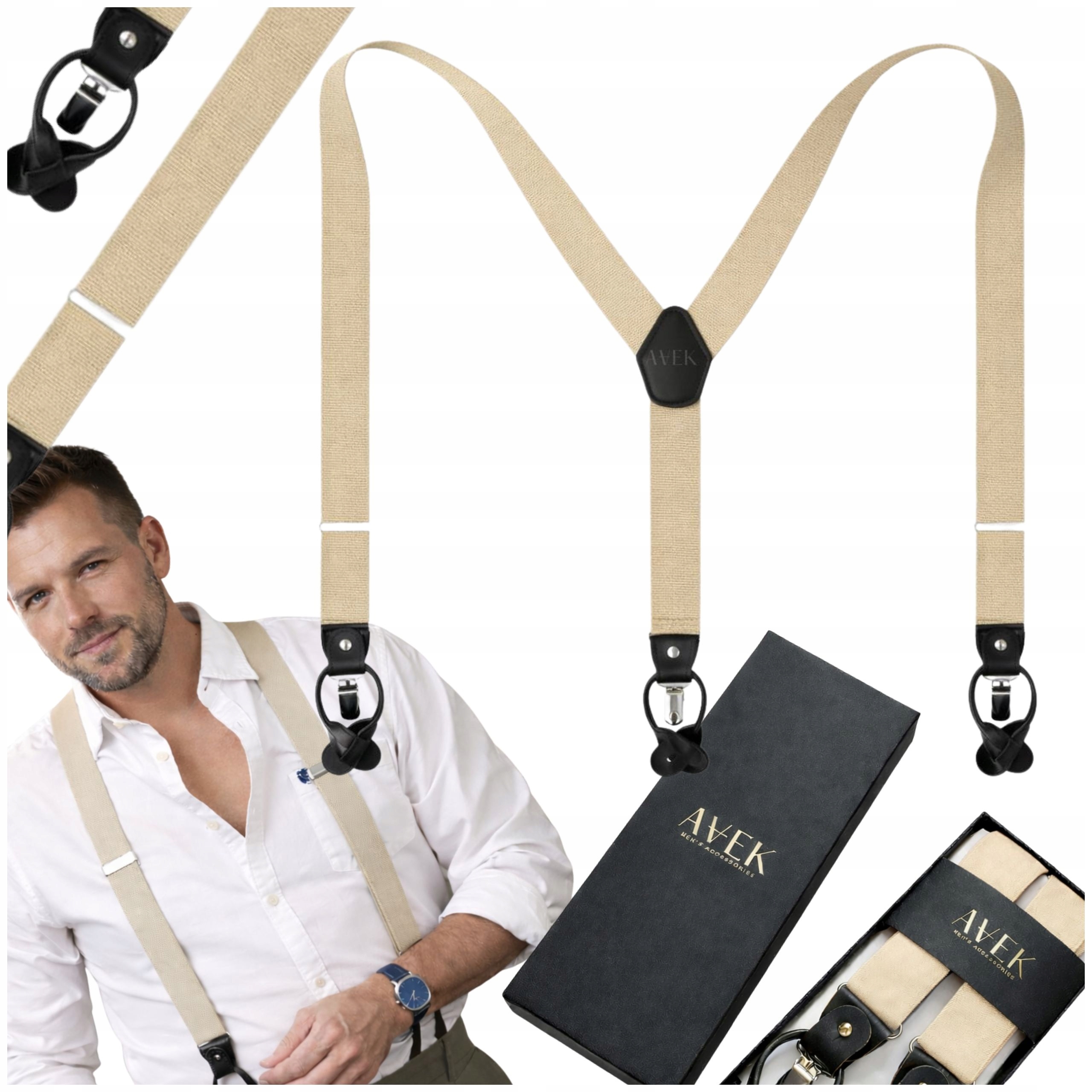 Popruhy Ke Kalhotám Béžové, Pánské, Pevné, Nastavitelné, Široké Jako Dárek 2V1