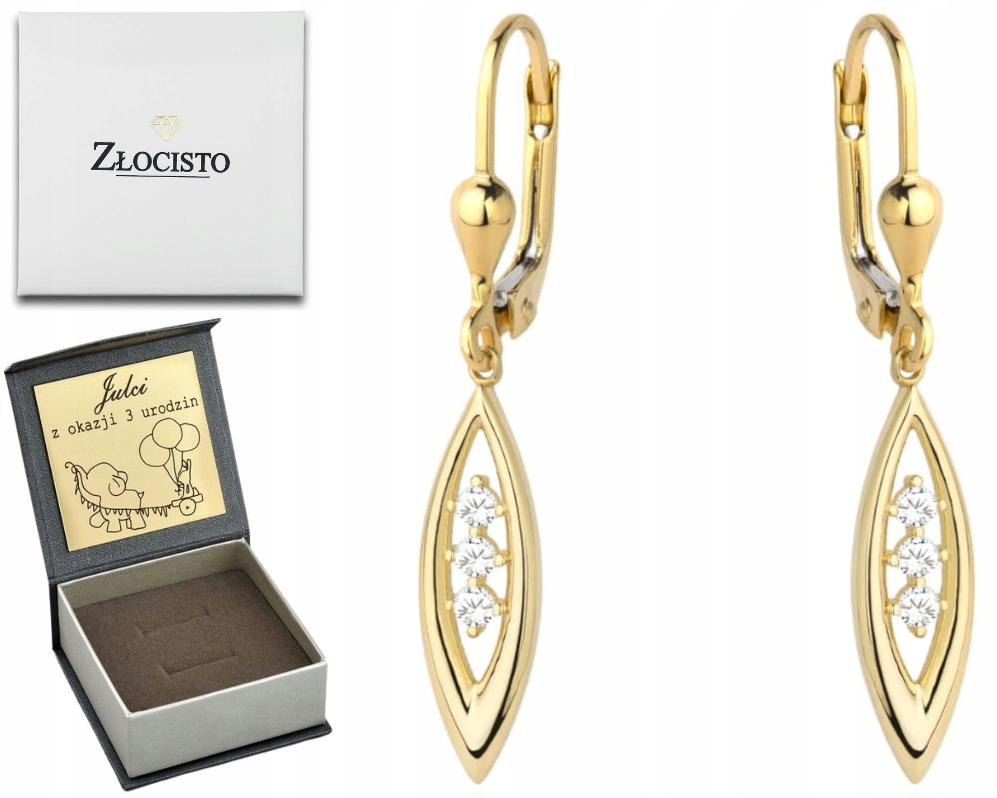 Zlaté Náušnice Slza A Zirkony Závěsné 585 Gravírování Anglické Zapínání