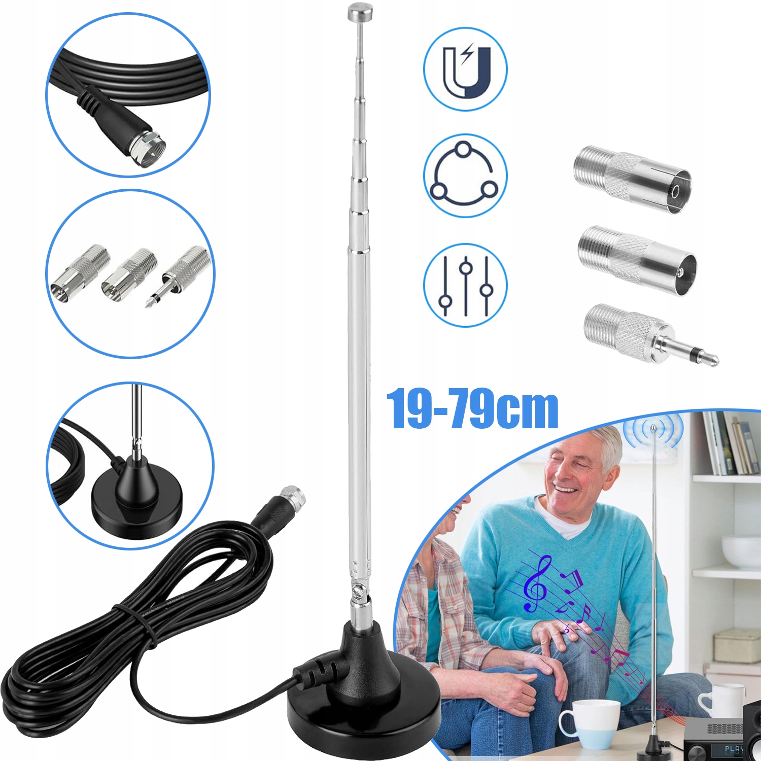 TELESKOPOWA ANTENA RADIOWA DAB FM, DO RADIA STOŁOWEGO ODBIORNIK STEREO HIFI