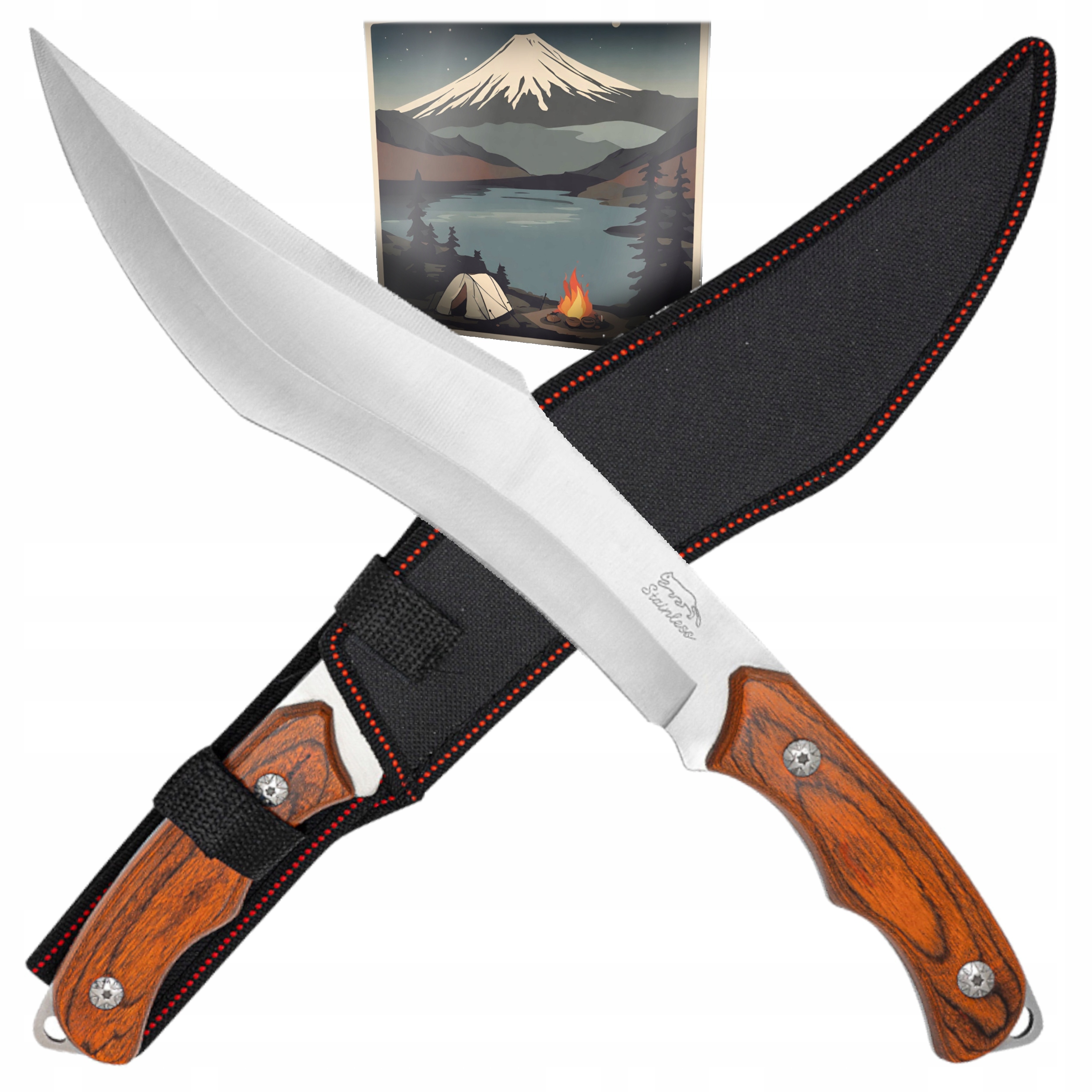 Solidny Nóż Survivalowy 25cm Stal Recurve Bowie Drewno Pokrowiec Rambo Góry