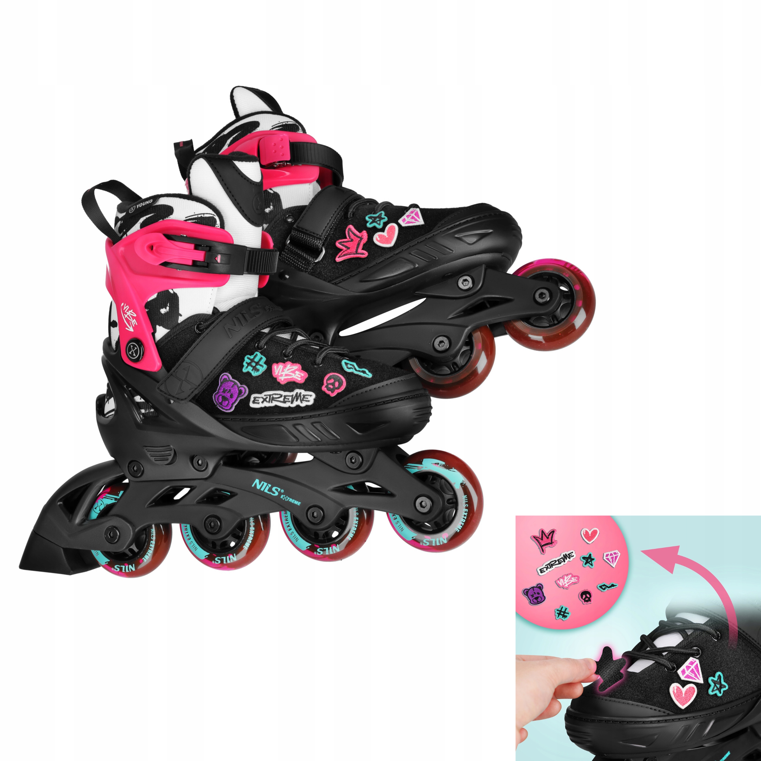 Rolki Nils Extreme Różowe M 37-40 Vibe Naszywki Kauczuk ABEC5 Atest