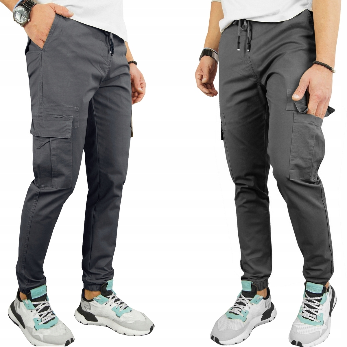 Spodnie Męskie Joggery Bojówki z Kieszeniami rozciągliwe Pas na Gumce XL