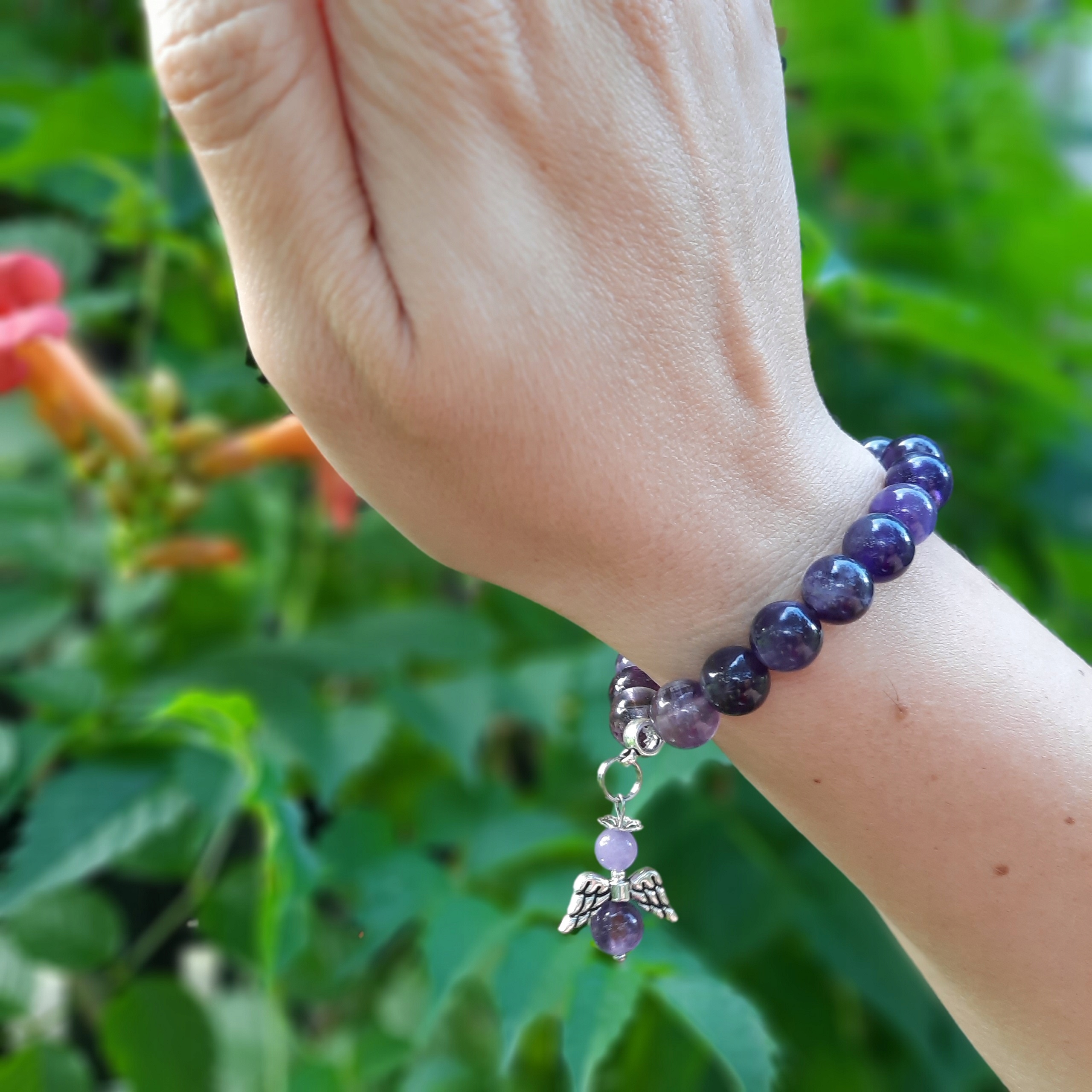 Ametyst bransoletka 10 mm ANIOŁEK zawieszka kamień Rodzaj Inny