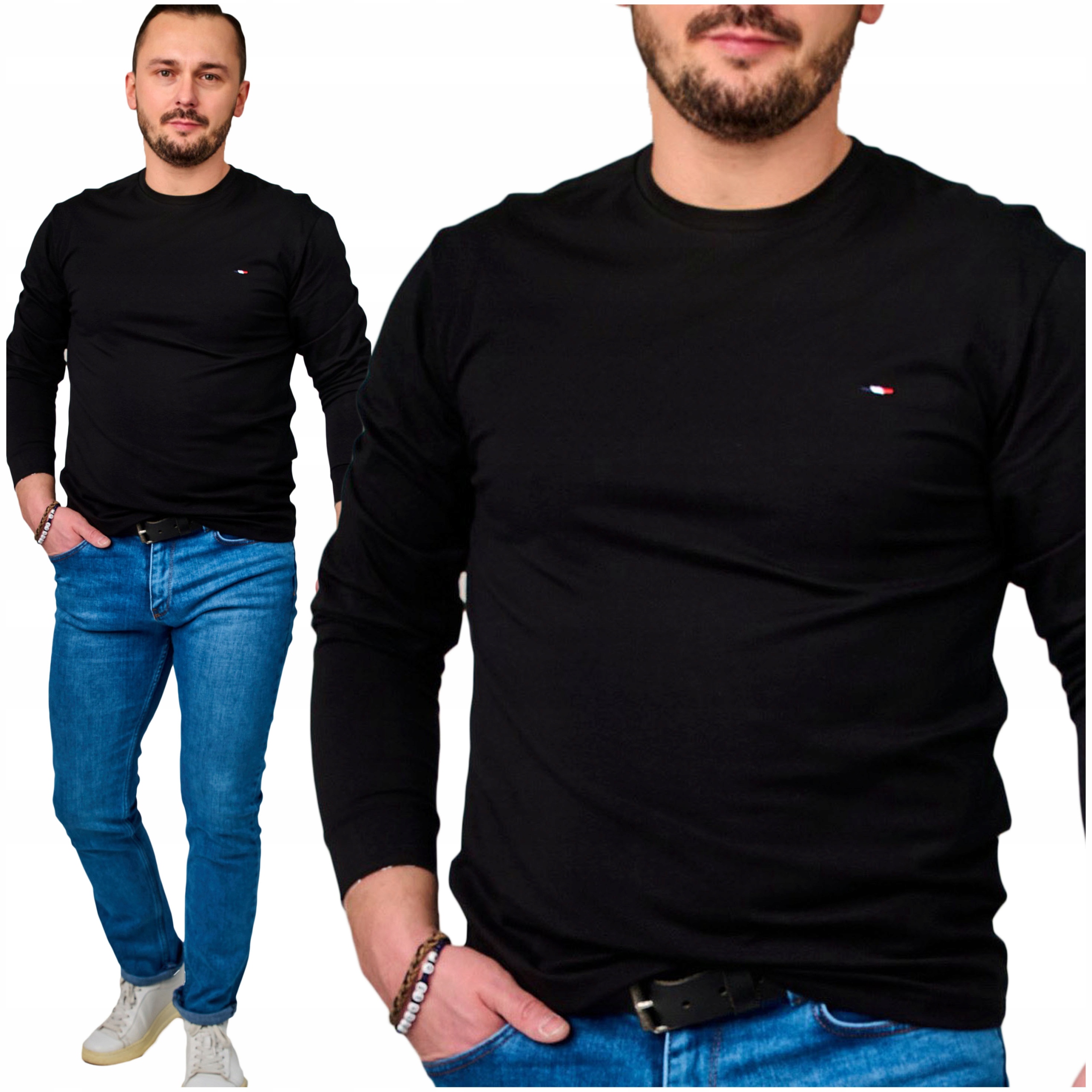 Bluzka koszulka męska z długim rękawem cienka na wiosnę 100 czarna XXL