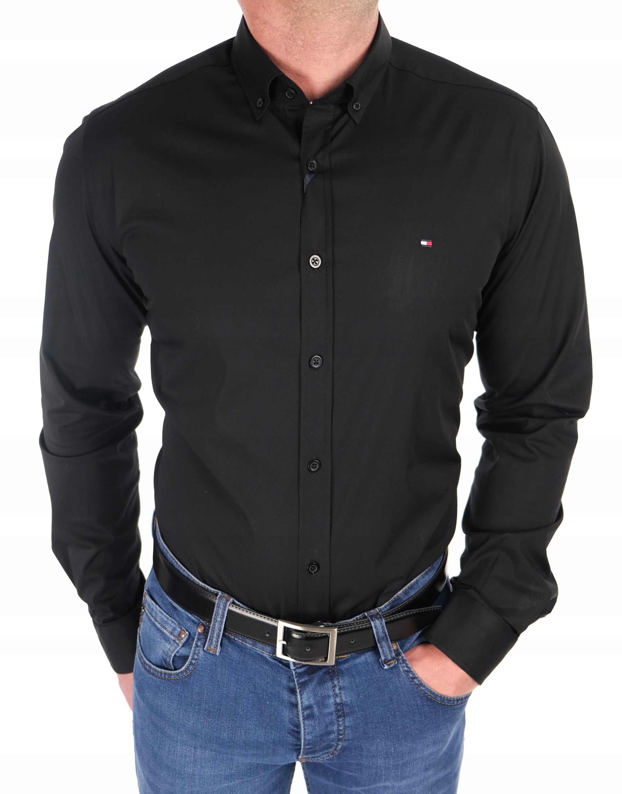 KOSZULA TOMMY HILFIGER SLIM FIT DOPASOWANA KLASYCZNA GŁADKA CZARNA M Rozmiar kołnierzyka 41