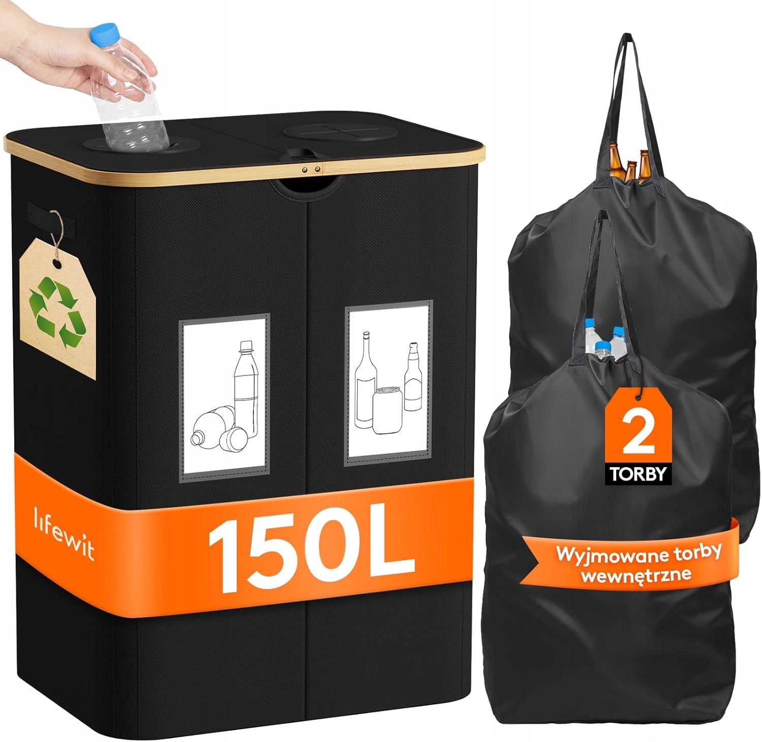 Lifewit nádoba na lahve s víkem 150 l, 2 komory, recyklovatelná