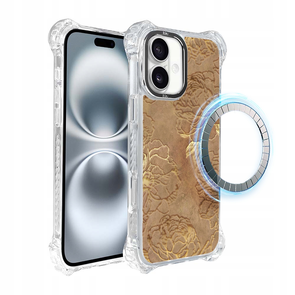 Pouzdro pro iPhone 16 Ibizu DropGuard Ultra s MagSafe, zlaté pivoňky