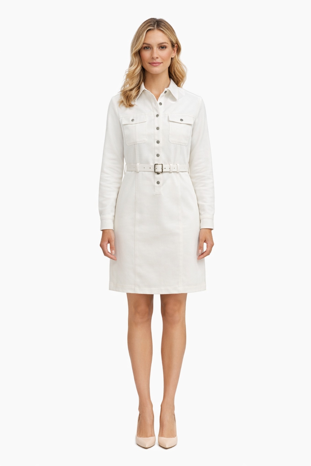 Guess Bílá Šaty S Páskem A Límečkem, Dlouhý Rukáv, Velikost I1H