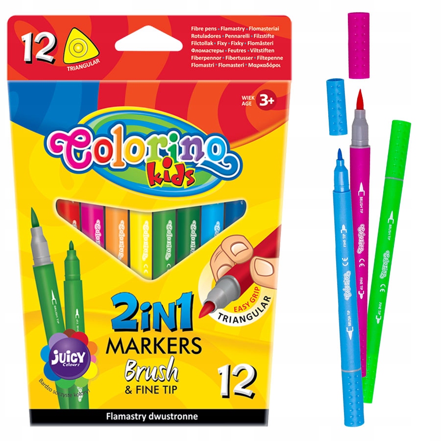 PĘDZELKOWE FLAMASTRY DWUSTRONNE TRÓJKĄTNE 12 KOL